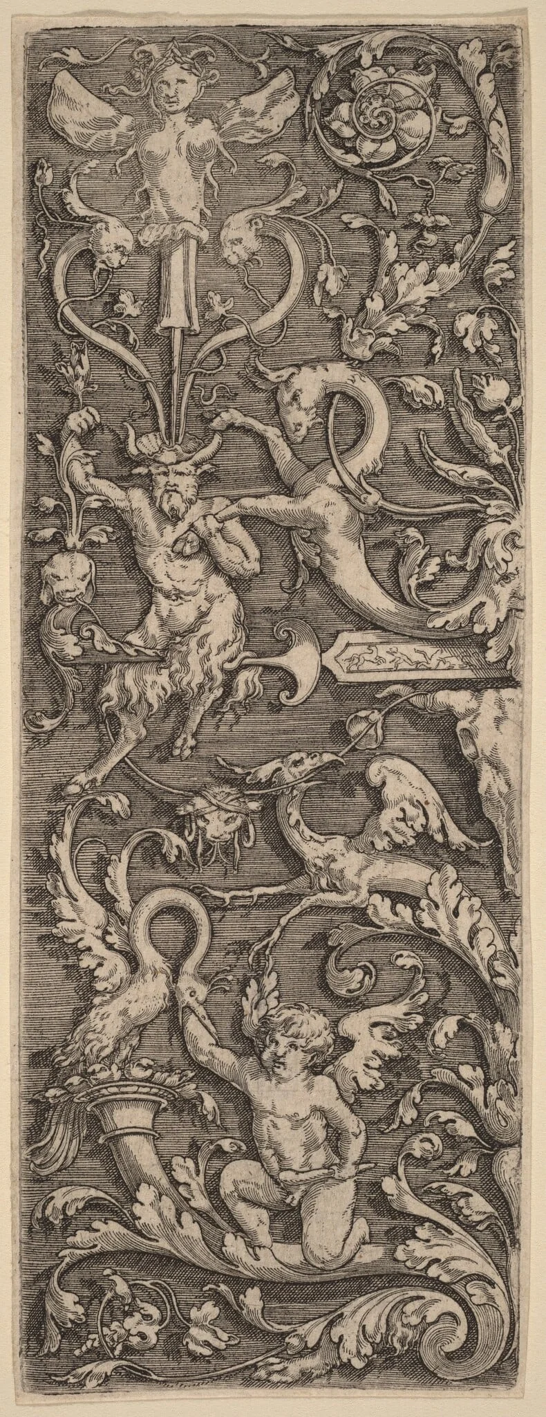 Ornament with a Cupid, a Satyr,  and Grotesque Figures, by Master of the Horse Heads, ink, 1506