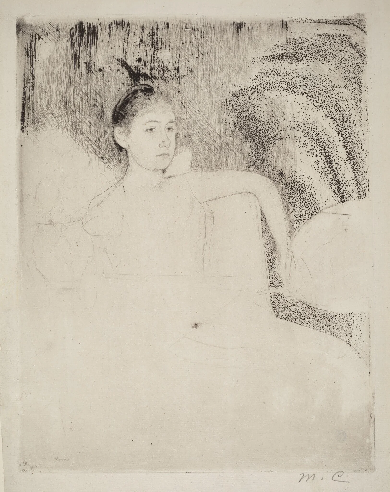 Mimi Holding a Japanese Fan, by Mary Cassatt, ink, 1889