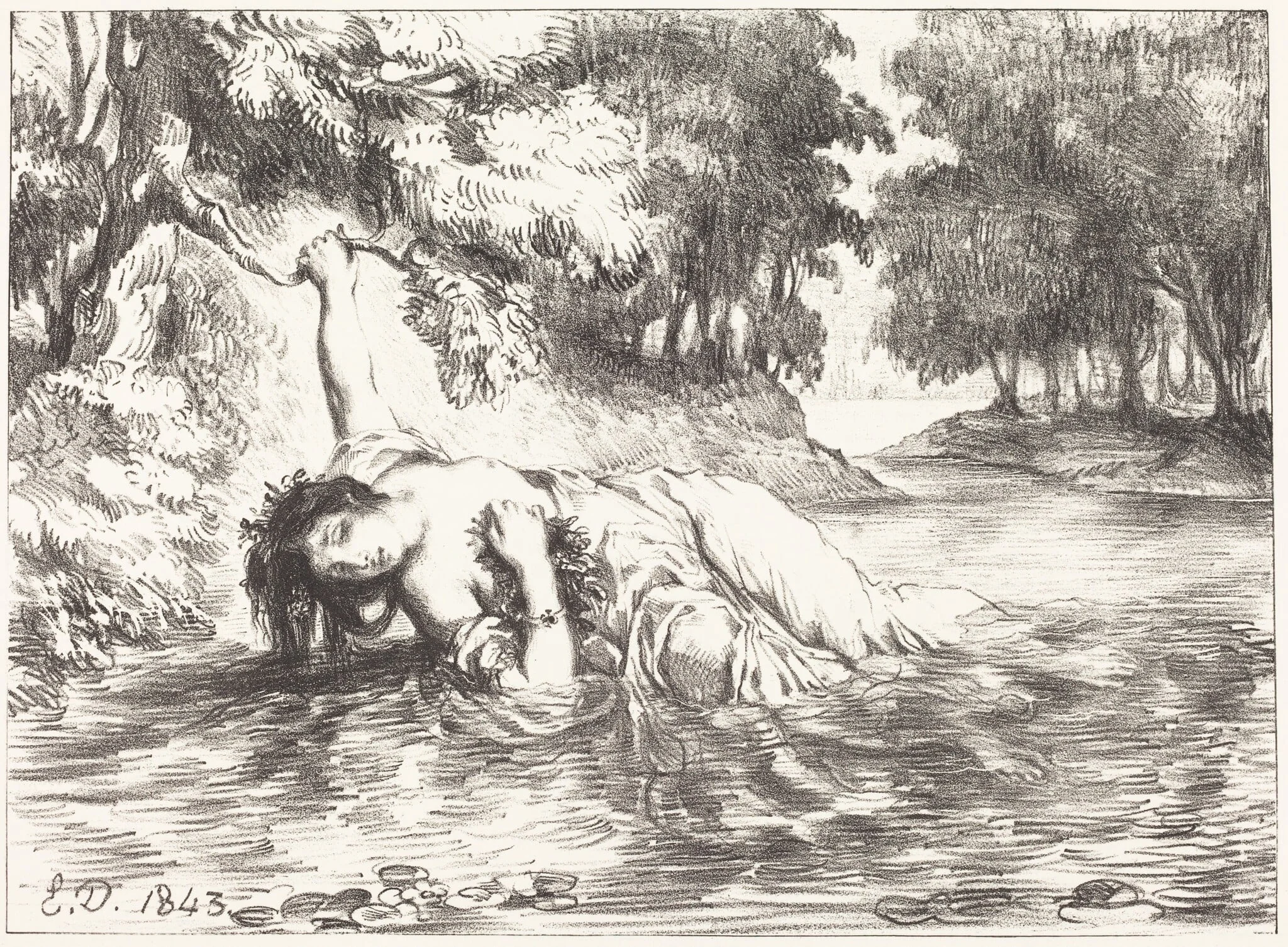 The Death of Ophelia (Act IV, Scene VII), by Eugène Delacroix, ink, 1843