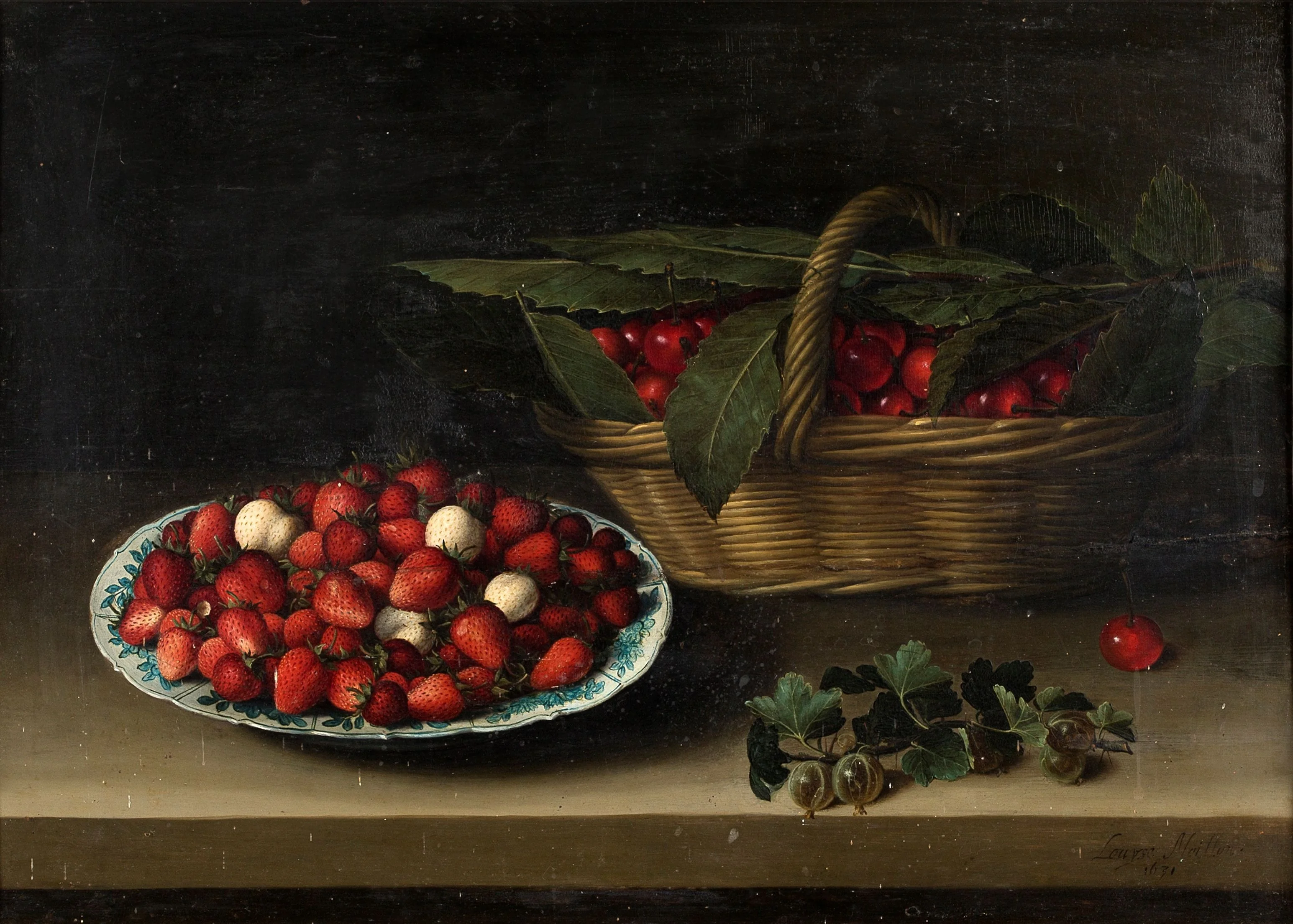 Still Life with a Bowl of Strawberries, Basket of Cherries, and Branch of Gooseberries