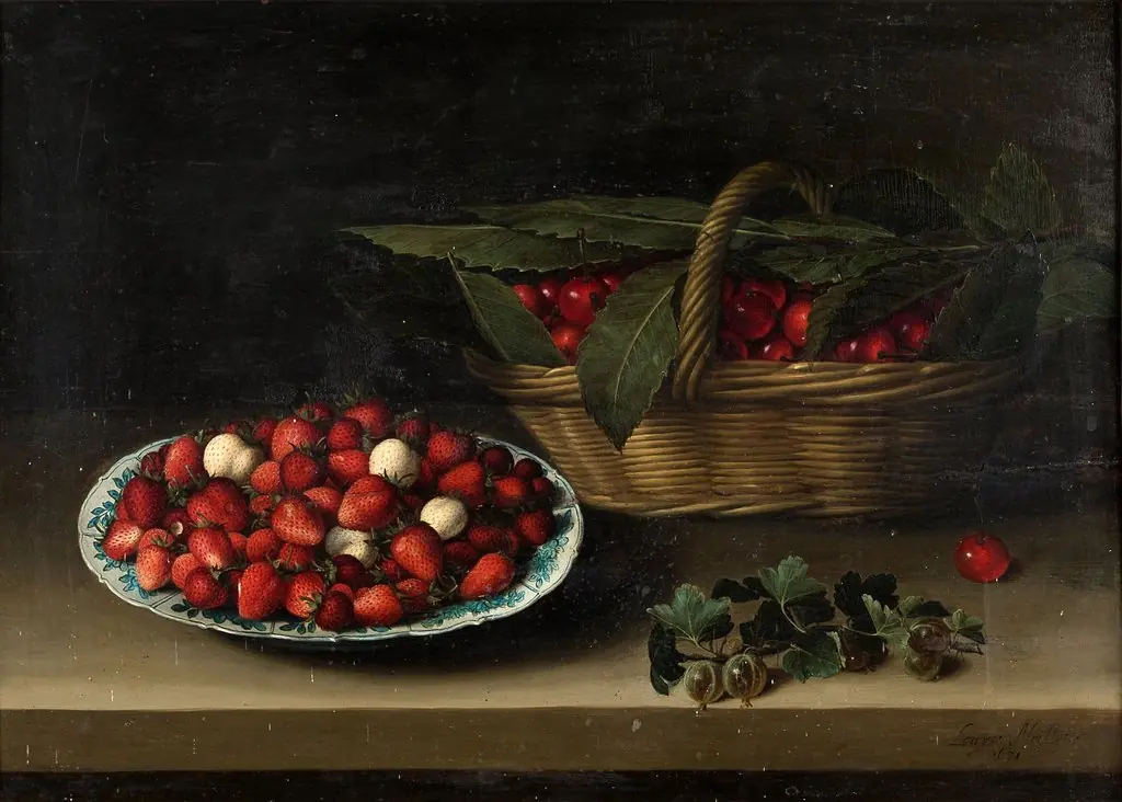 Still Life with a Bowl of Strawberries, Basket of Cherries, and Branch of Gooseberries
