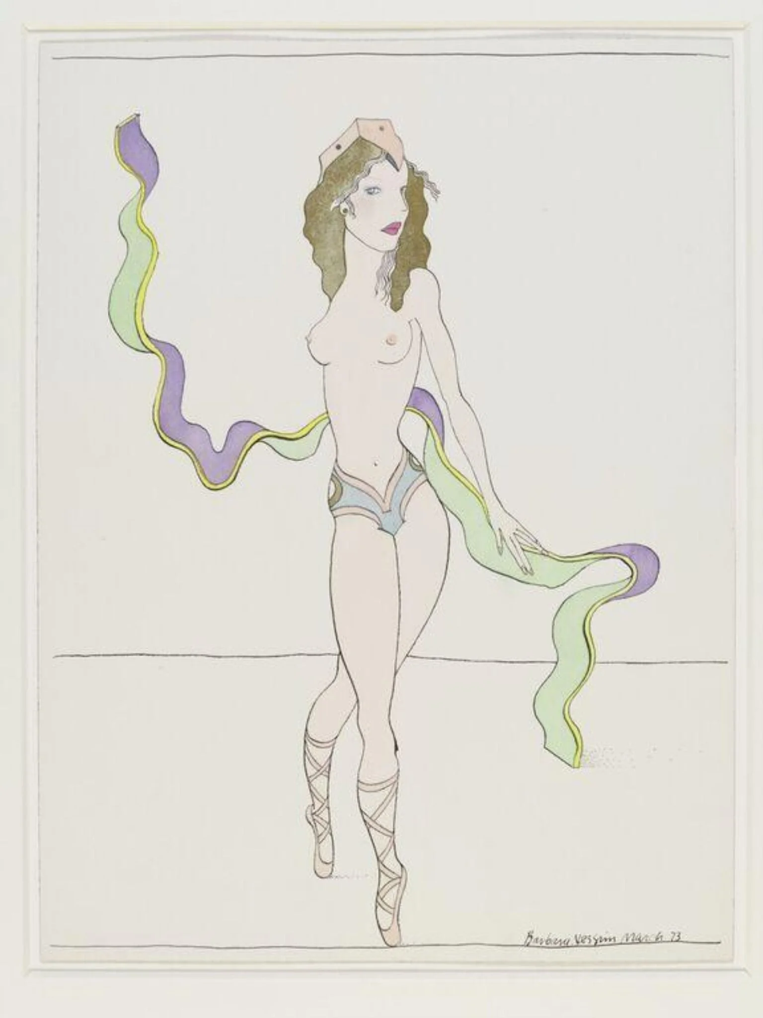 WomanGirl Twisting with Green and Purple Ribbon