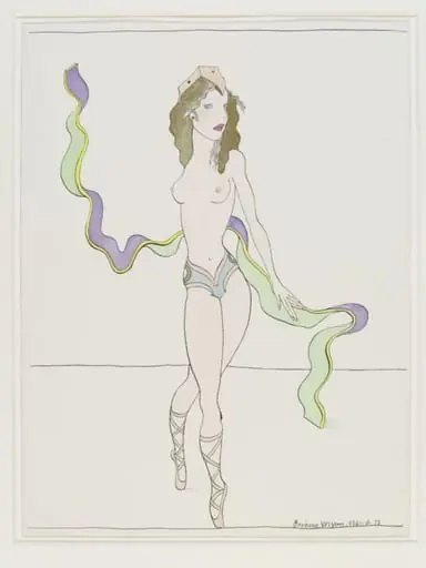 WomanGirl Twisting with Green and Purple Ribbon