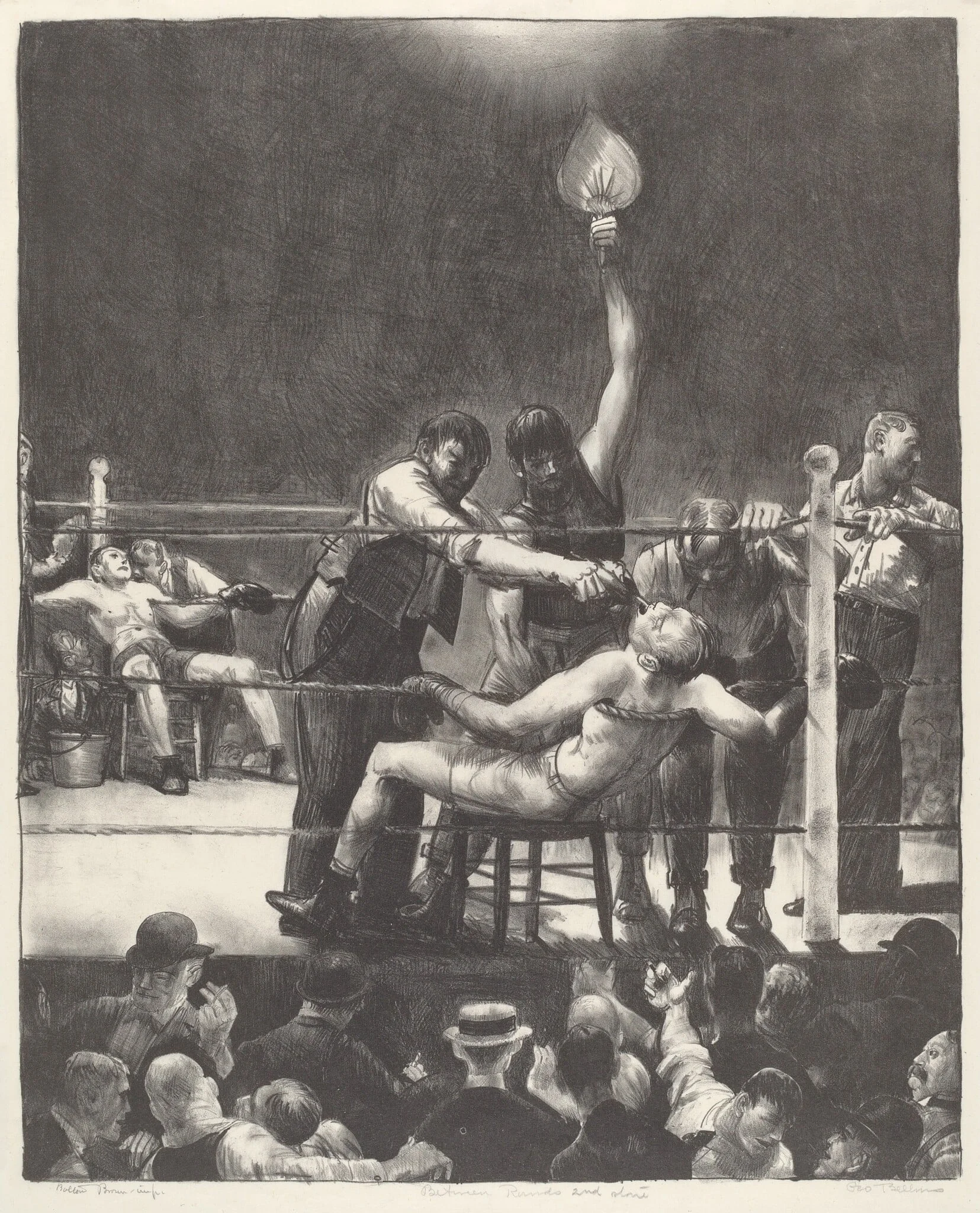 Between Rounds, small, second stone, by George Bellows, ink, 1923