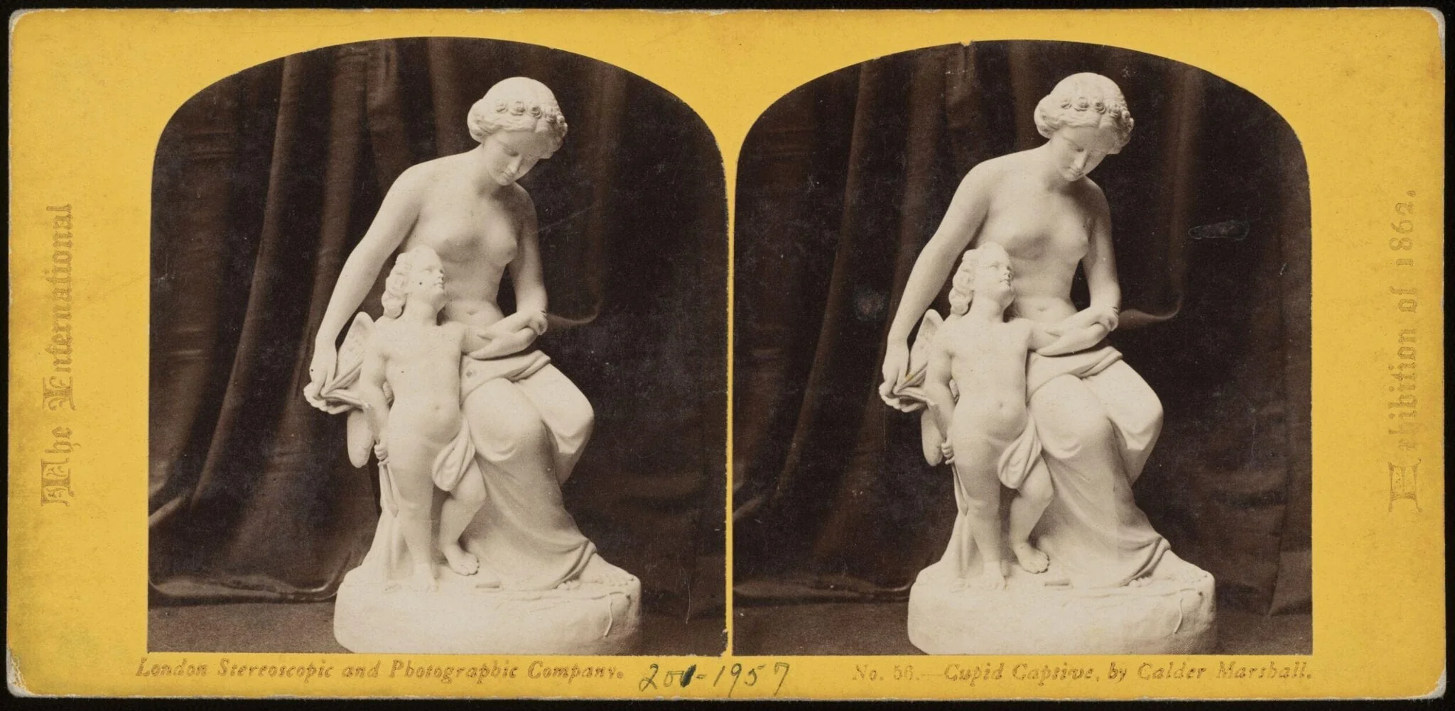 Stereograph of 'Cupid Captive', a sculpture by Calder Marshall, by William England, photographic, 1862