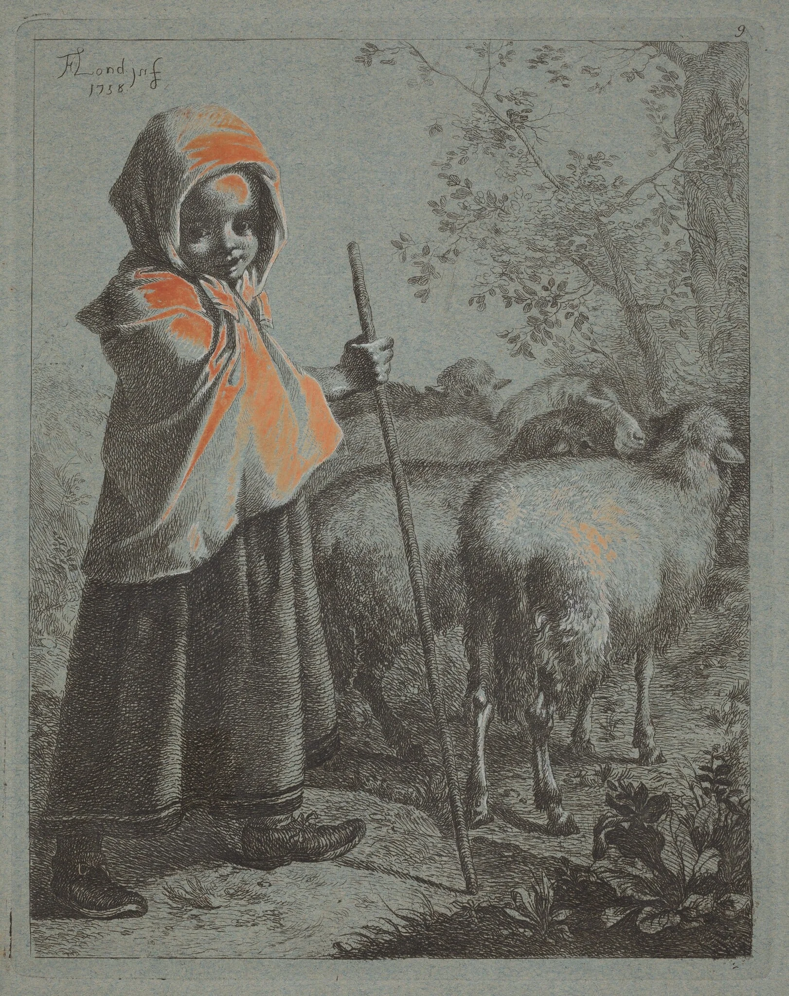 Child Shepherdess with Flock, by Francesco Londonio, ink, 1758