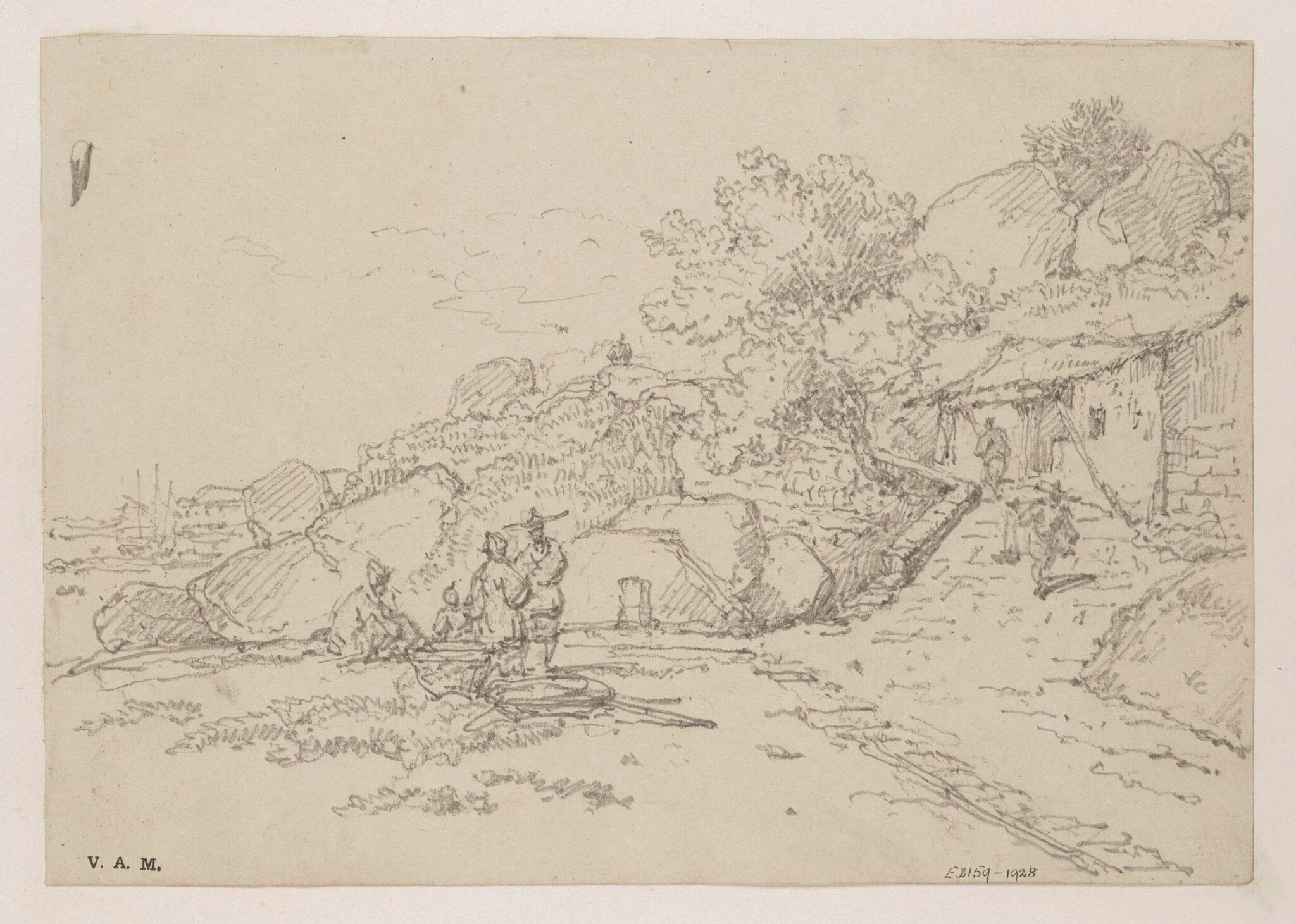 A small building  on a rocky hillside, with a group of figures and the bay at left