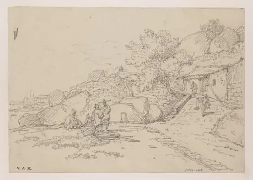 A small building  on a rocky hillside, with a group of figures and the bay at left