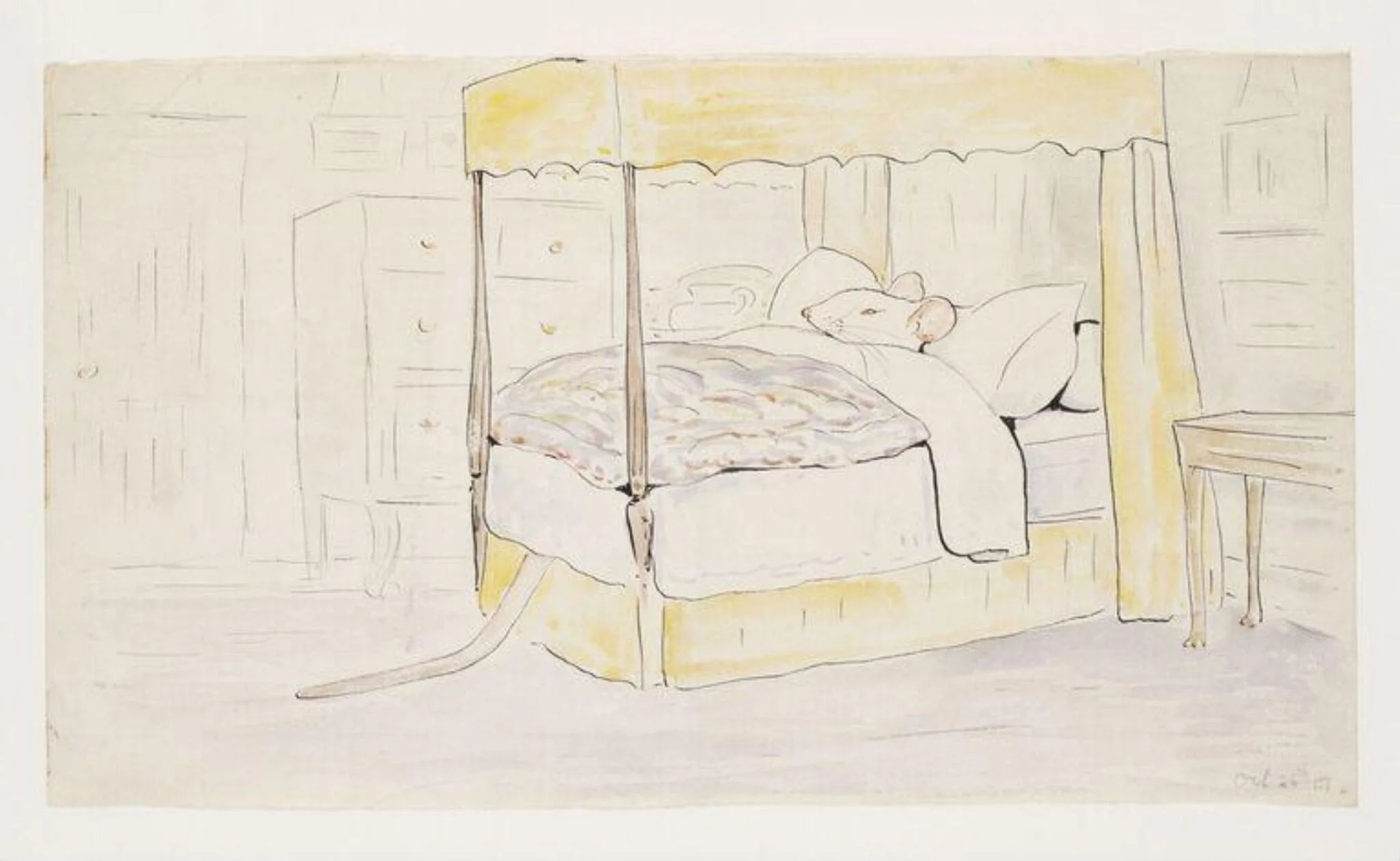 A white mouse in a four-poster bed