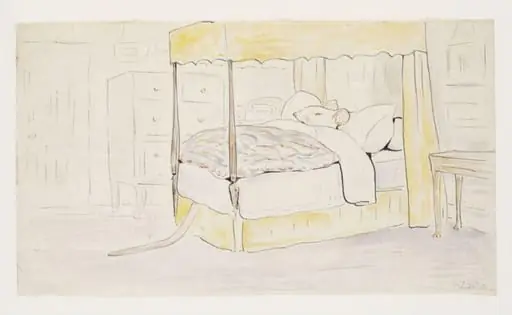 A white mouse in a four-poster bed