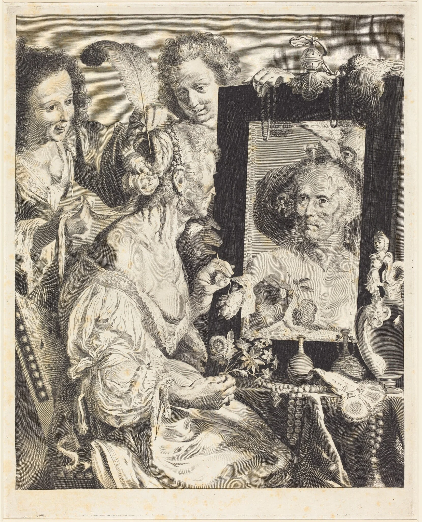 An Old Woman at the Toilet Table, by Jeremias Falck, ink, 1658