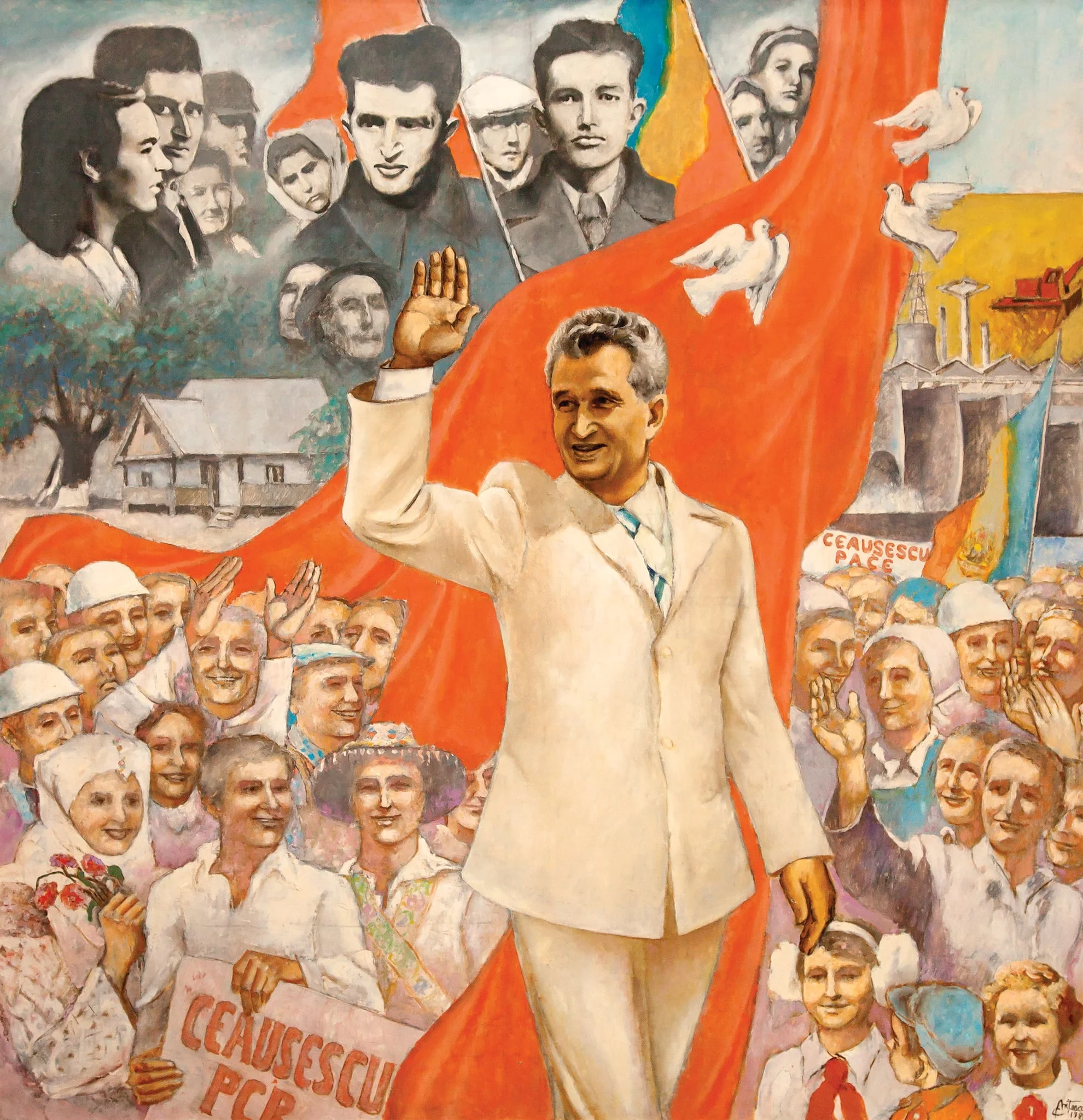 Tablou „Eroul României Socialiste” , semnat și datat în dreapta jos ”Constantin Nițescu 1988”. Comandat de Comitetul Județean de Partid Olt și oferit cadou lui Nicolae Ceaușescu la împlinirea vârstei de 70 de ani (ianuarie 1988)., by Constantin Nițescu