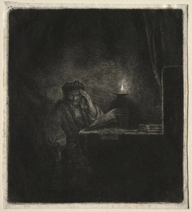 Copy of Student at a Table by Candelight, by Rembrandt, 1654