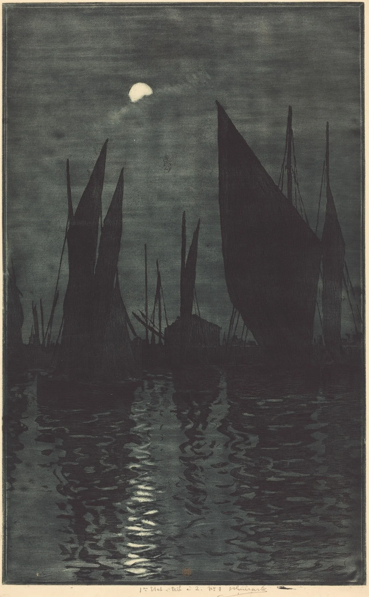 Moonlight in the Harbor at Dieppe, by Henri-Charles Guérard, ink, 1885