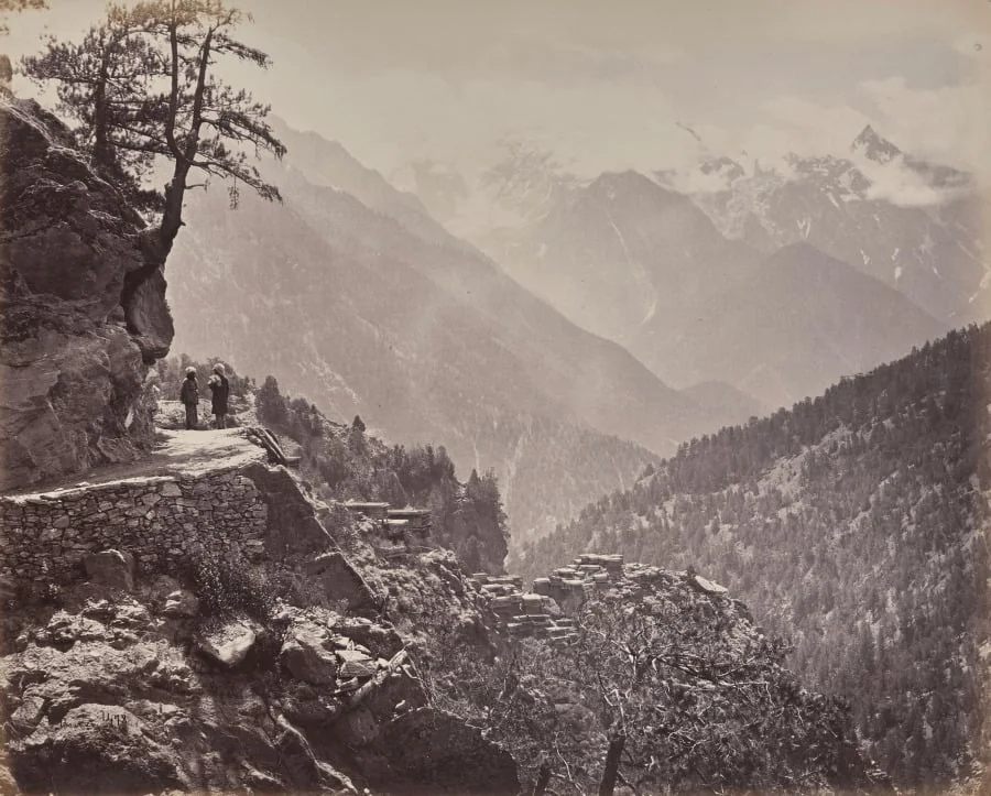 The Upper Himmalayahs. View on the New Road between India and China. Mt. Pangi with the Snowy Peaks of China in the Distance, by Samuel Bourne, 1866
