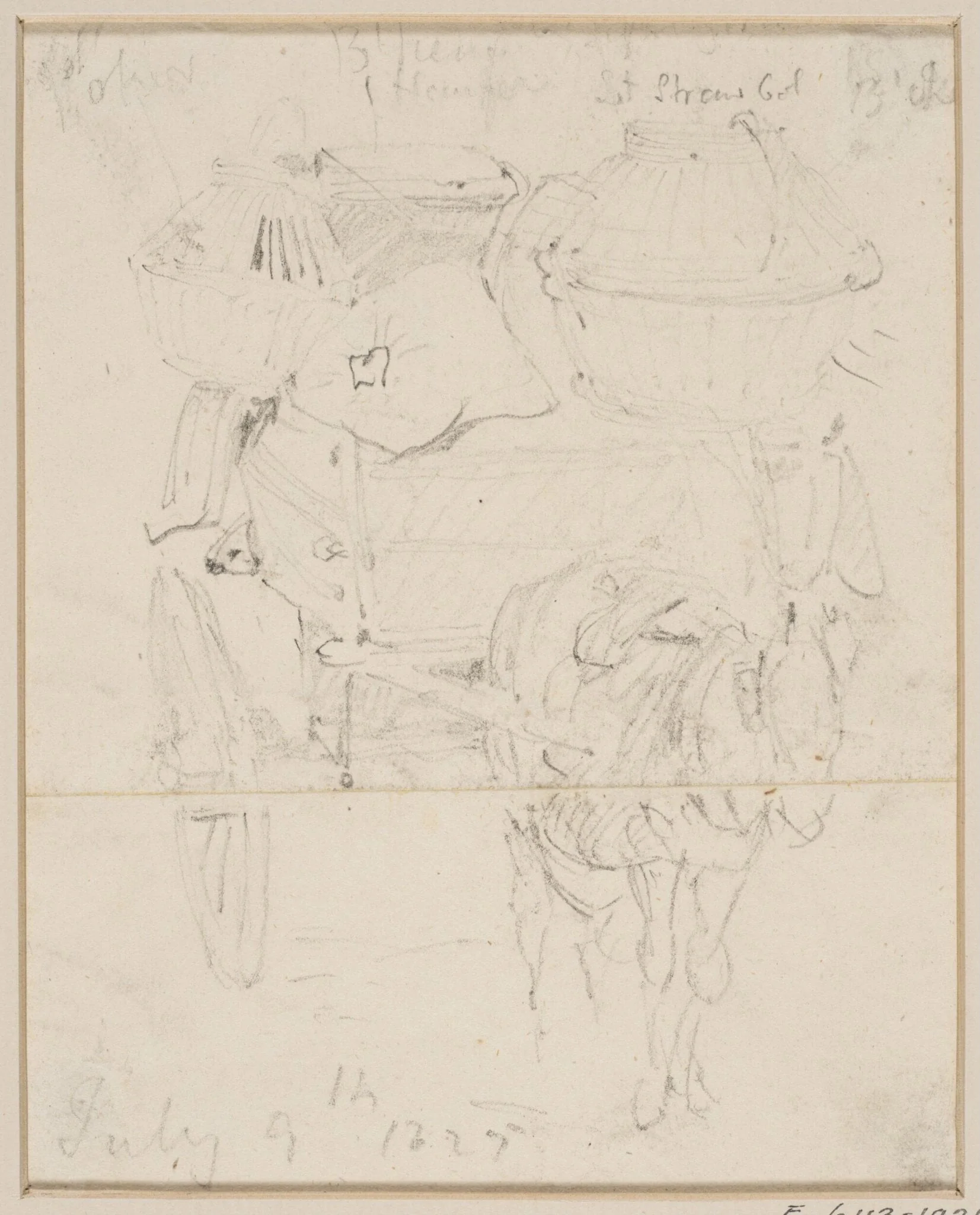 A donkey drawing a cart laden with lobster pots, by John Sell Cotman, 1827