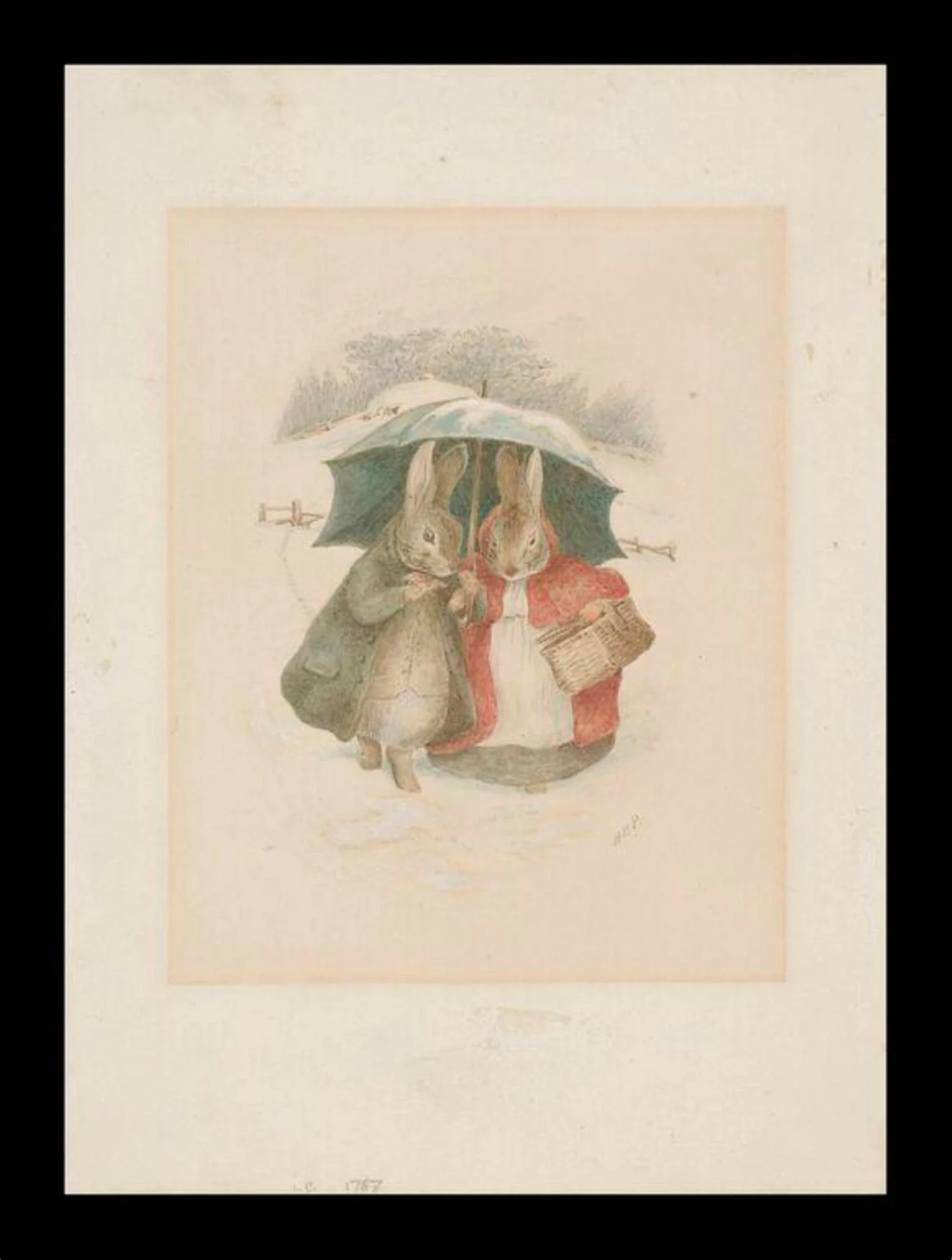 A gentleman and lady rabbit walking through the snow under an umbrella