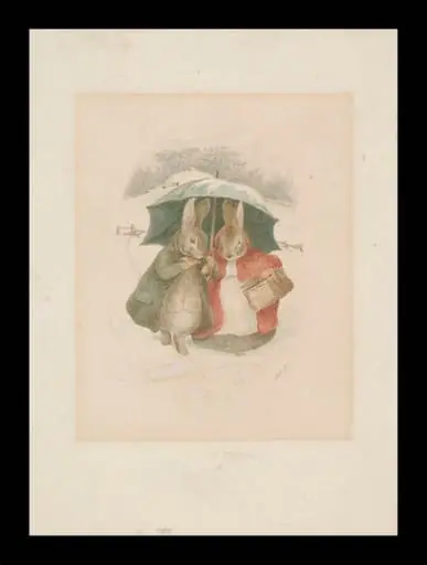 A gentleman and lady rabbit walking through the snow under an umbrella