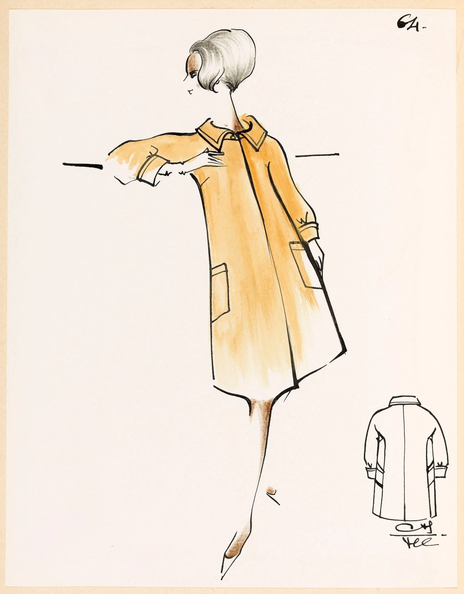 Manteau évasé sable à deux grandes poches et resserré aux poignets, by Carven, 1967