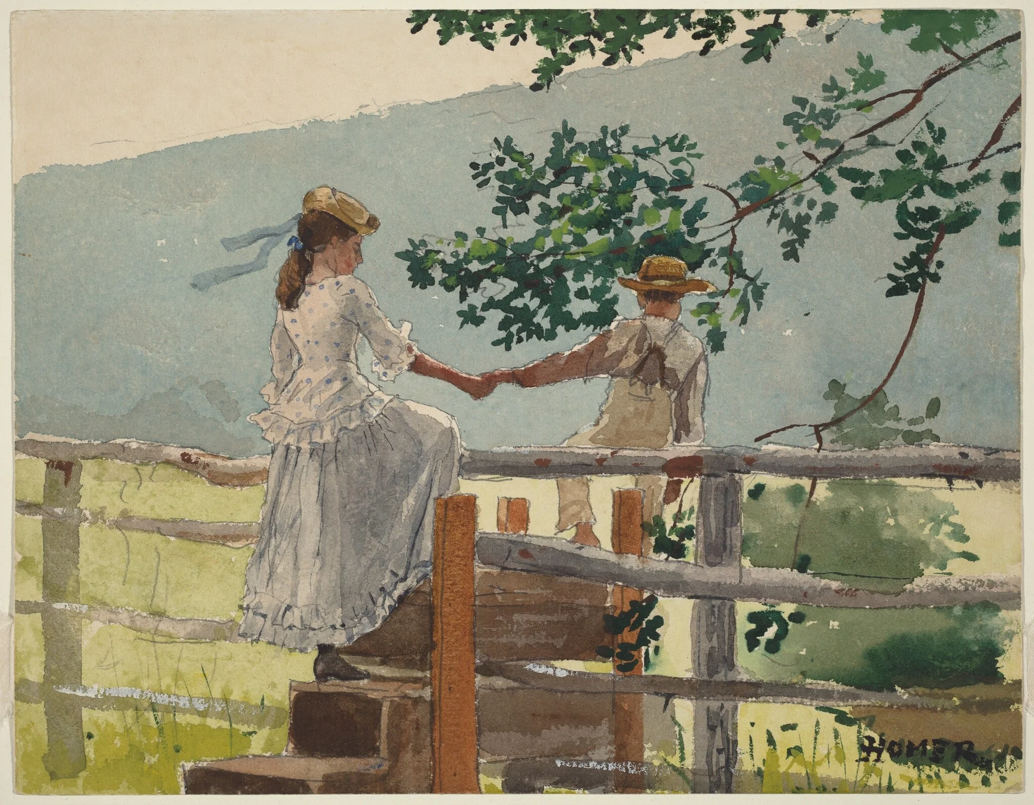 On the Stile, by Winslow Homer, gouache, 1878