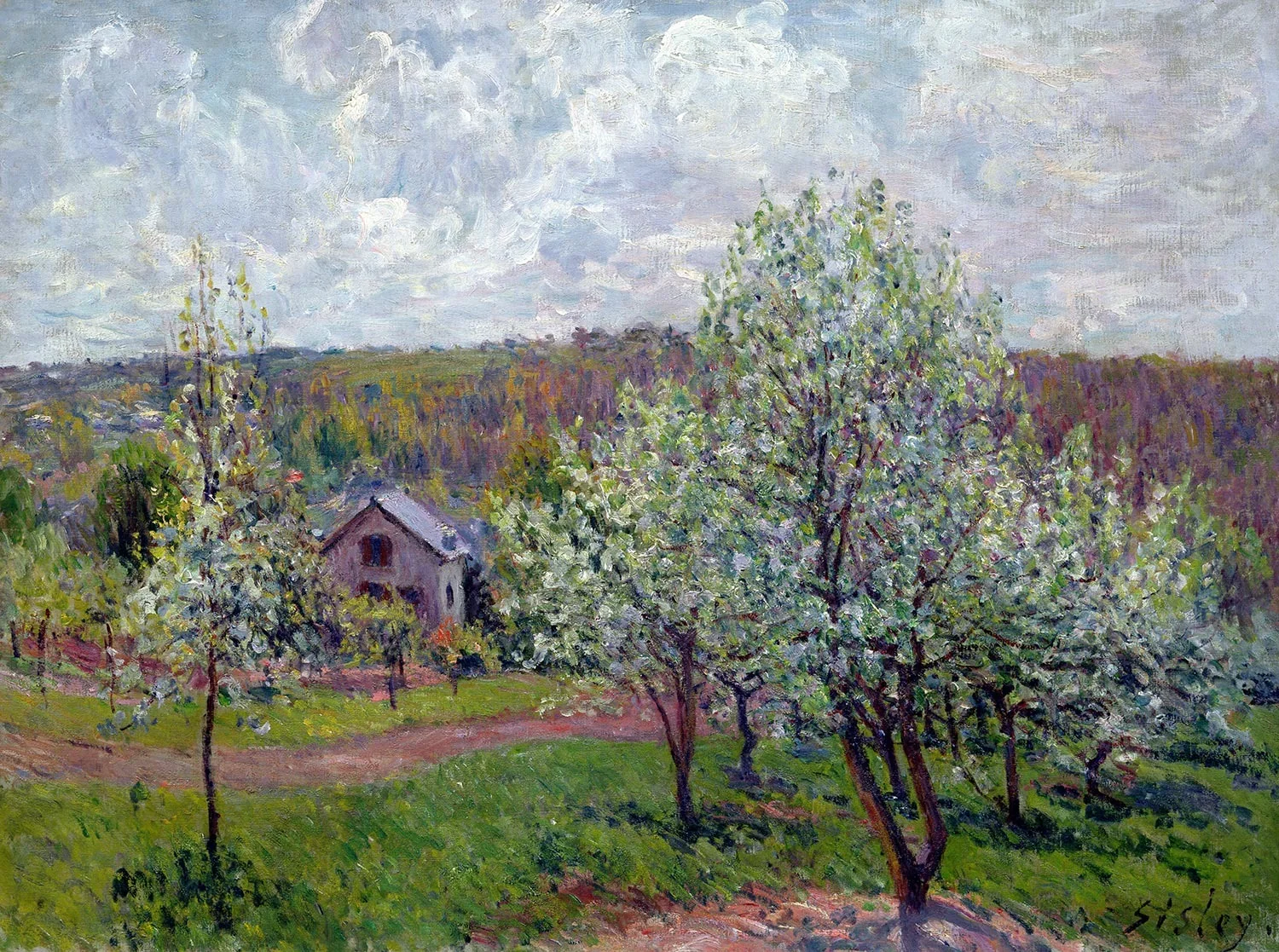 Printemps aux environs de Paris. Pommiers en fleurs, by Alfred Sisley, oil, 1890