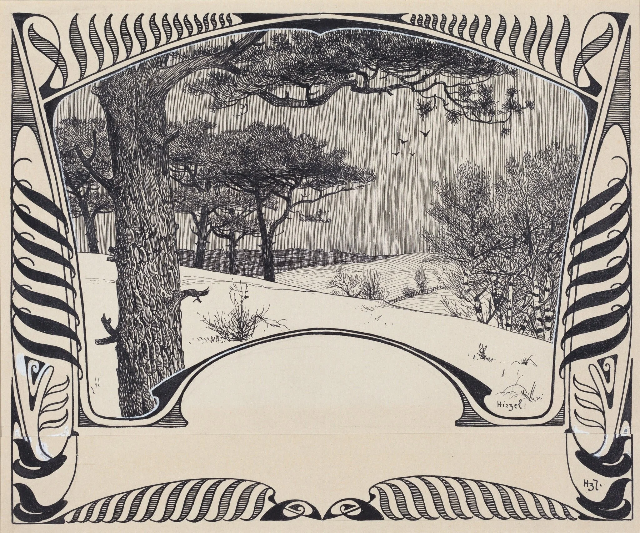 A Winter Landscape Within a Jugendstil Border, by Hermann Hirzel, ink, 1902
