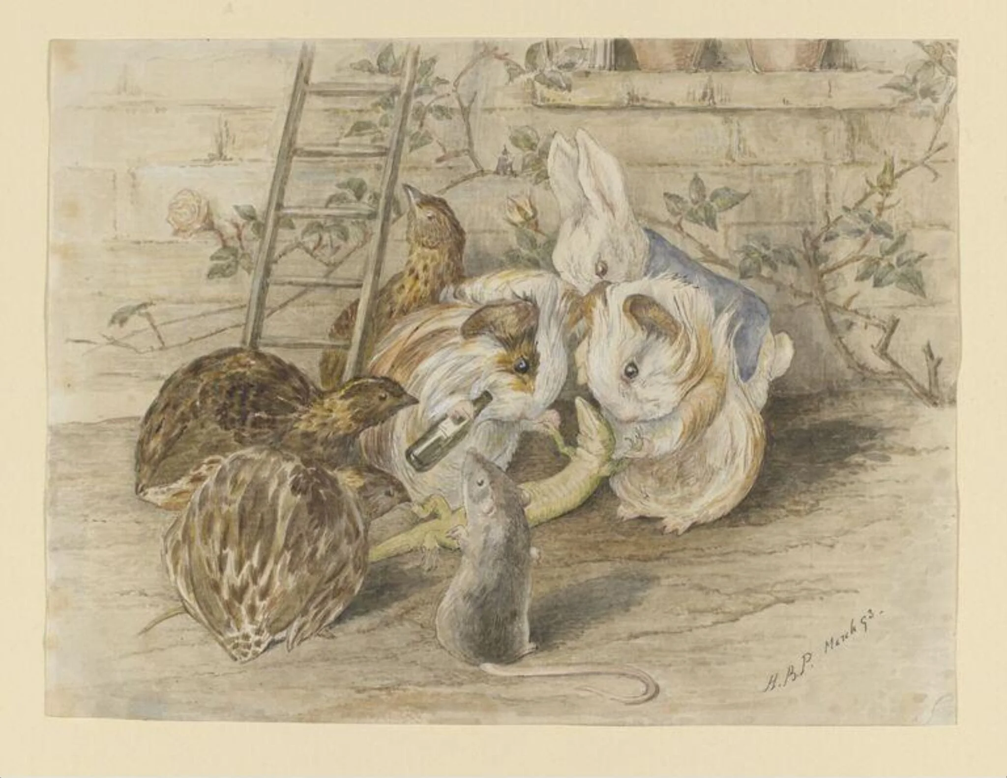The little lizard, Bill, supported by two guinea-pigs, by Beatrix Potter, watercolor, 1893