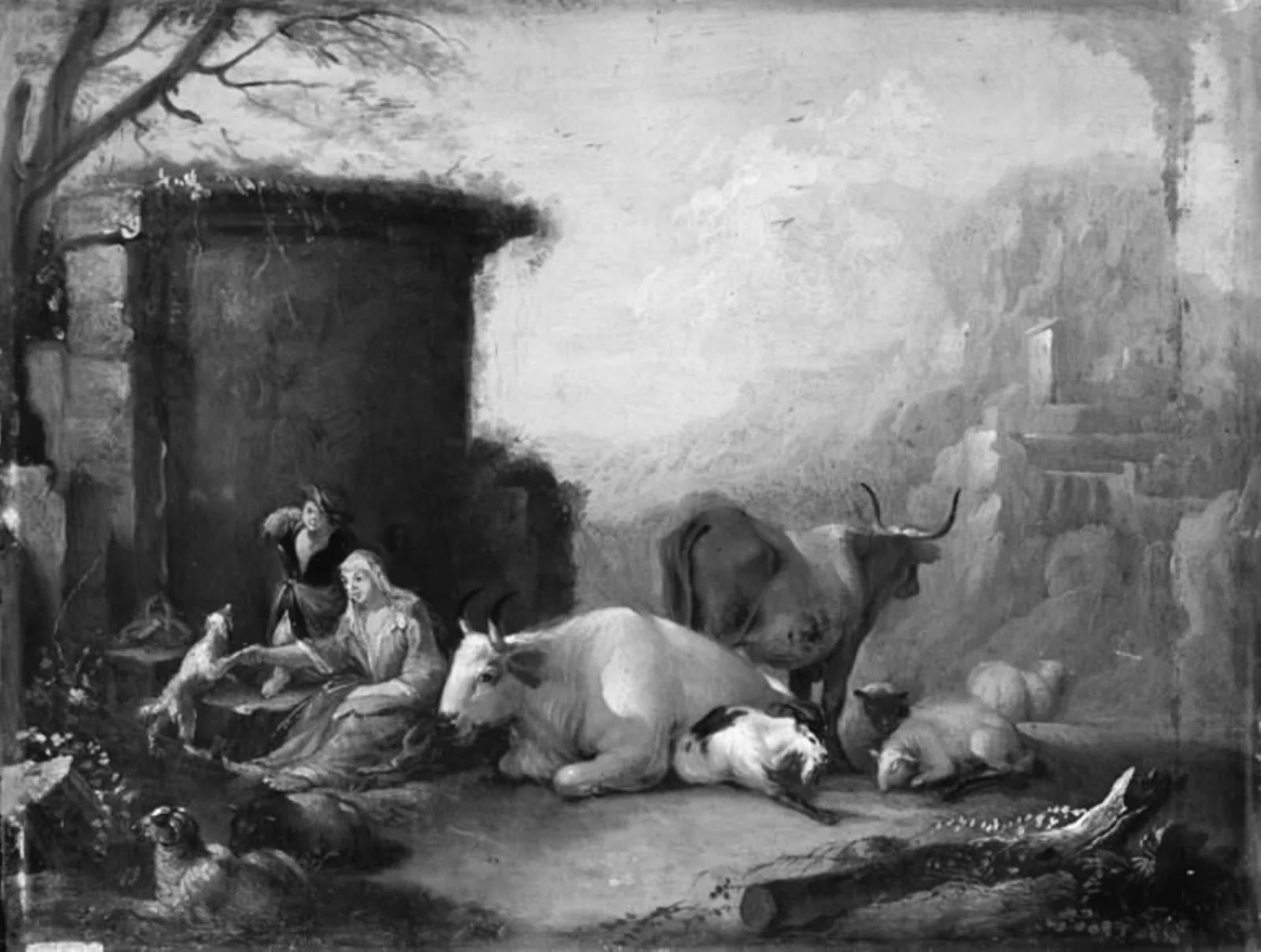 Landscape with Cattle, the Shepherdess Playing with a Dog, by Unknown, unspecified, 1750