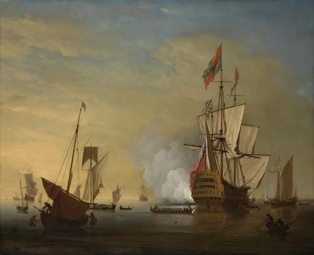 Harbor Scene: An English Ship with Sails Loosened Firing a Gun