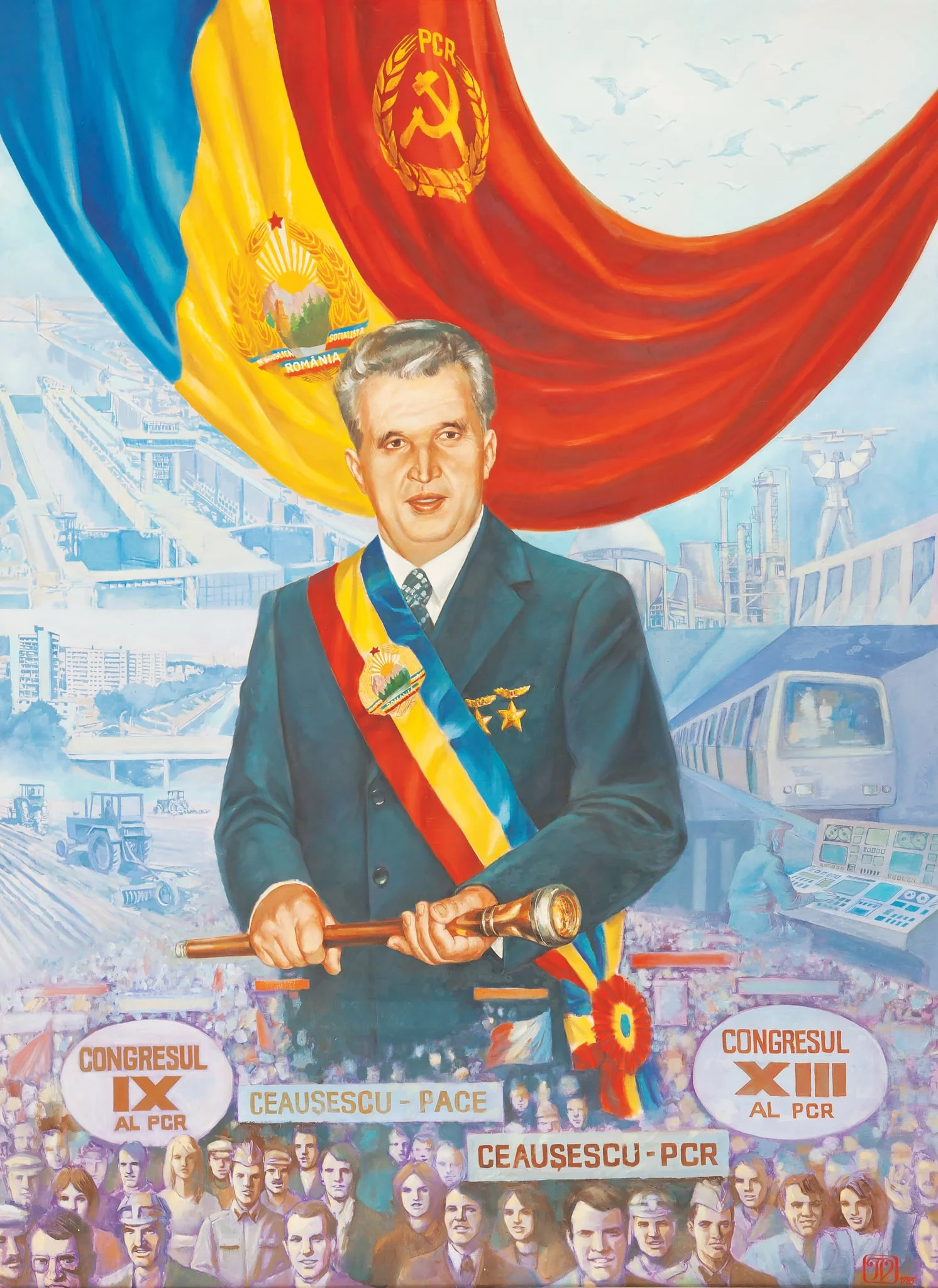 Tablou, ulei pe pânză, ”Ctitorul României Socialiste”, nesemnat, atribuit lui V.Tănase. Tabloul îl prezintă pe Nicolae Ceaușescu în prim plan purtând toate însemnele funcției: eșarfa tricoloră, sceptrul prezidențial, două însemne de ”Erou al Republicii Socialiste România”. În partea de sus a tabloului este redat steagul RSR unit cu steagul PCR. În partea de jos, poporul, oamenii muncii purtând pancarte cu ”Ceaușescu Pace”, ”Ceaușescu PCR”, ”Congresul IX al PCR” (alegerea lui Nicolae Ceaușescu în fruntea partidului), ”Congresul XII al PCR” (realegerea în fruntea partidului). Pe fundal sunt redate realizările socialismului: Canalul Dunăre Marea Neagră, Barajul Vidraru, metroul etc. Tablou comandat de Ministerul Apărării Nașionale (1985)., by V. Tănase