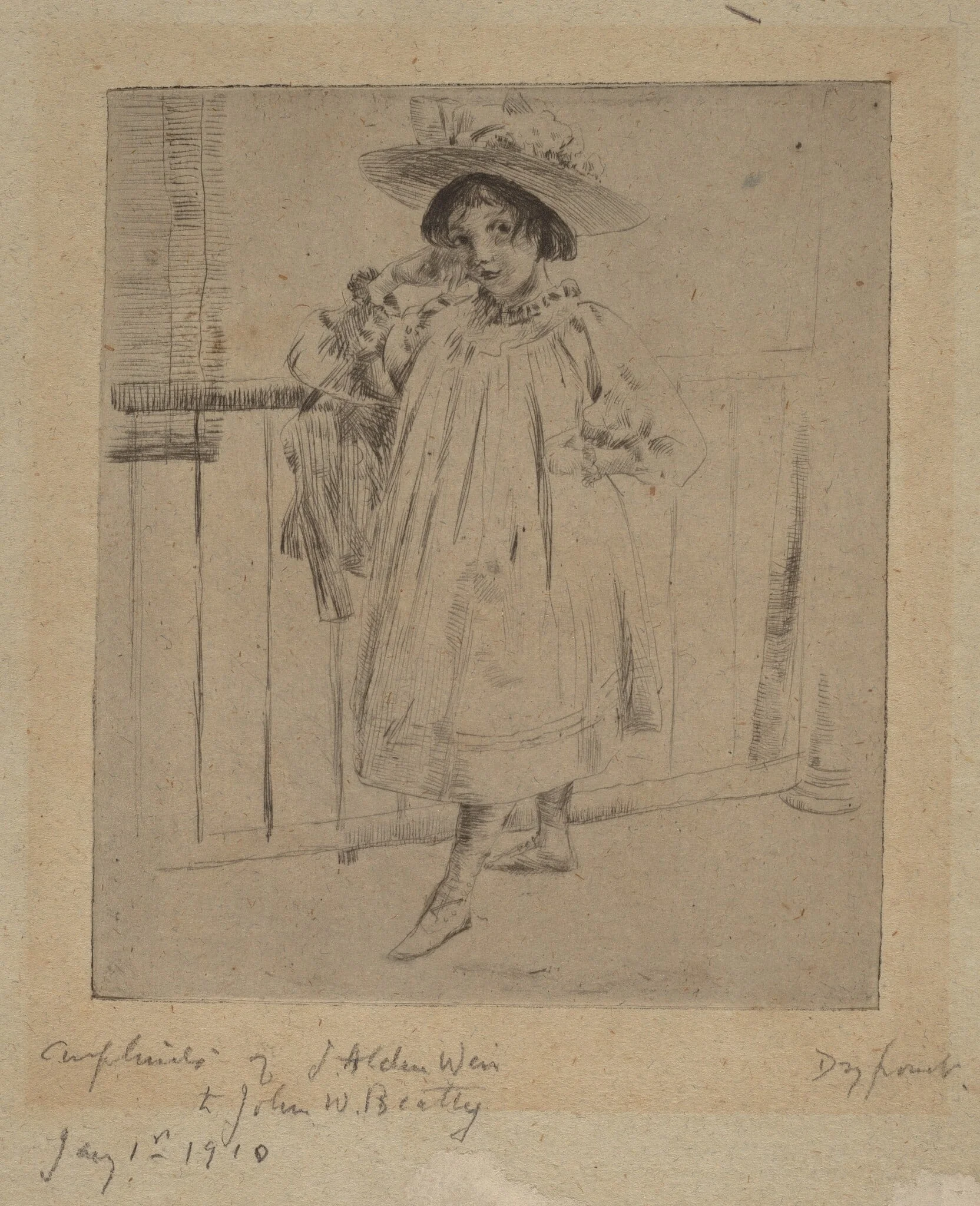 Young Girl with Large Hat, by Julian Alden Weir, ink, 1893