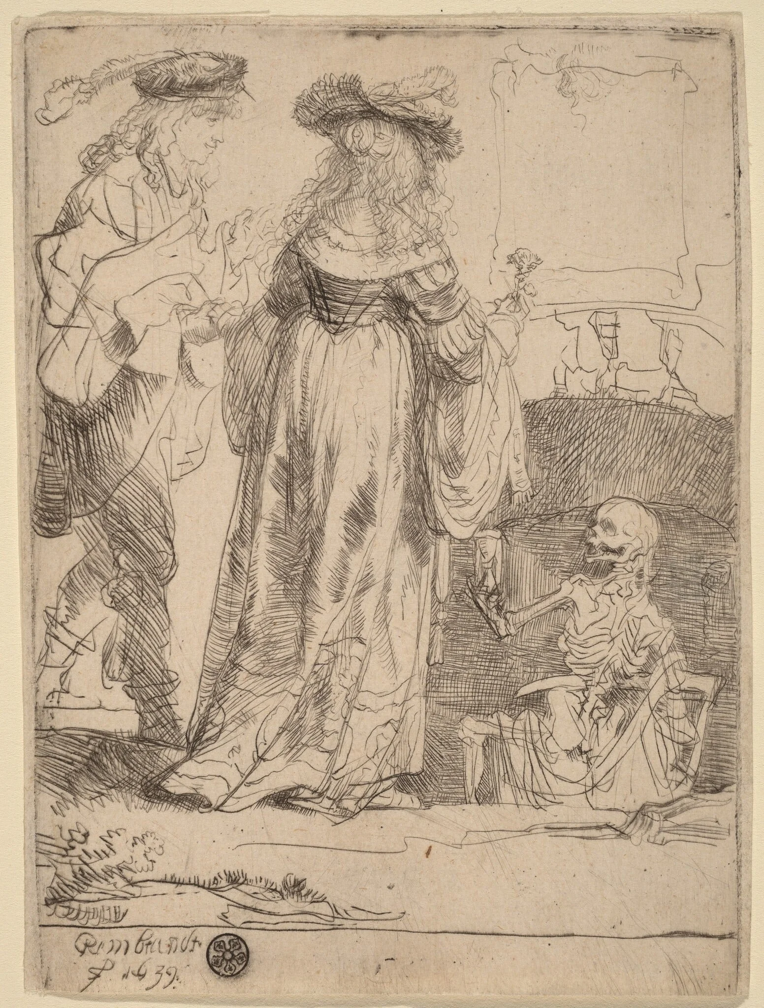 Death Appearing to a Wedded Couple from an Open Grave, by Rembrandt, ink, 1639