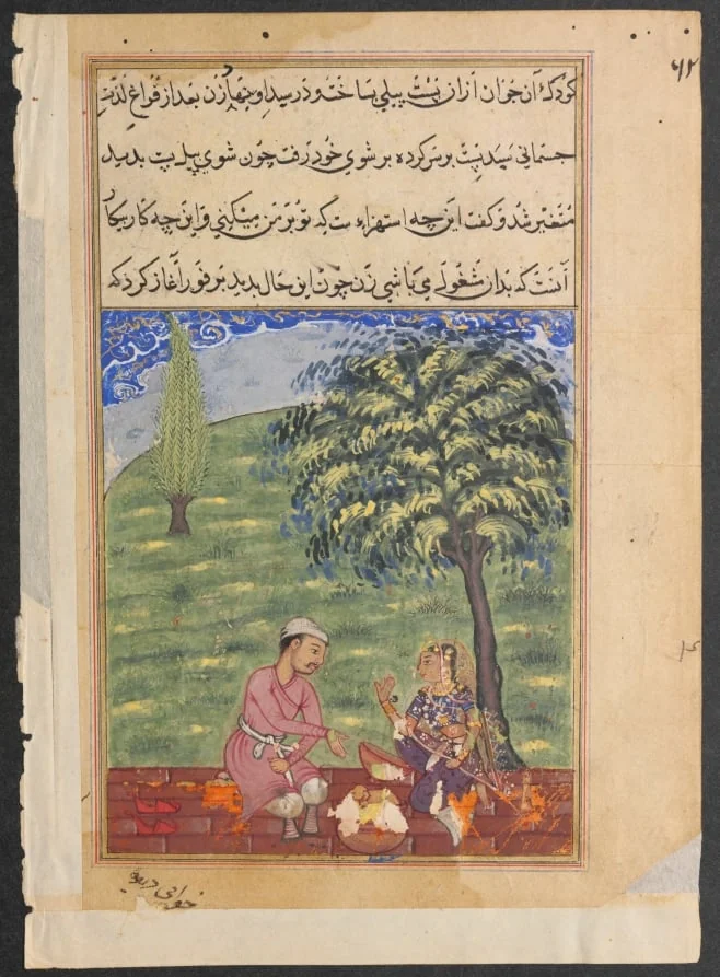 The unfaithful wife explaining away the presence of the dough elephant, from a Tuti-nama (Tales of a Parrot): Eighth Night, by Unknown, unspecified, 1560