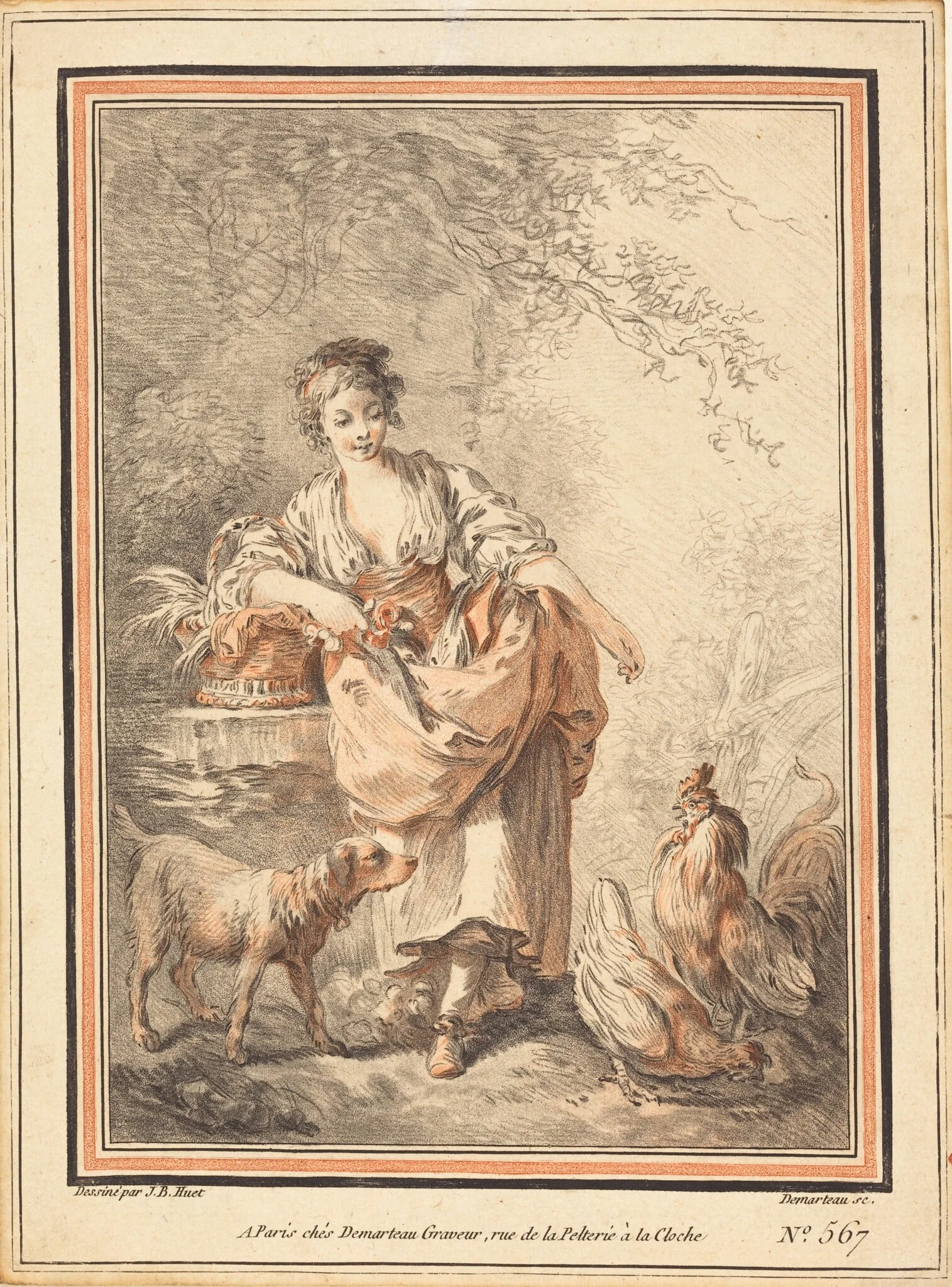 Woman Feeding Chickens, by Gilles-Antoine Demarteau, chalk, 1776