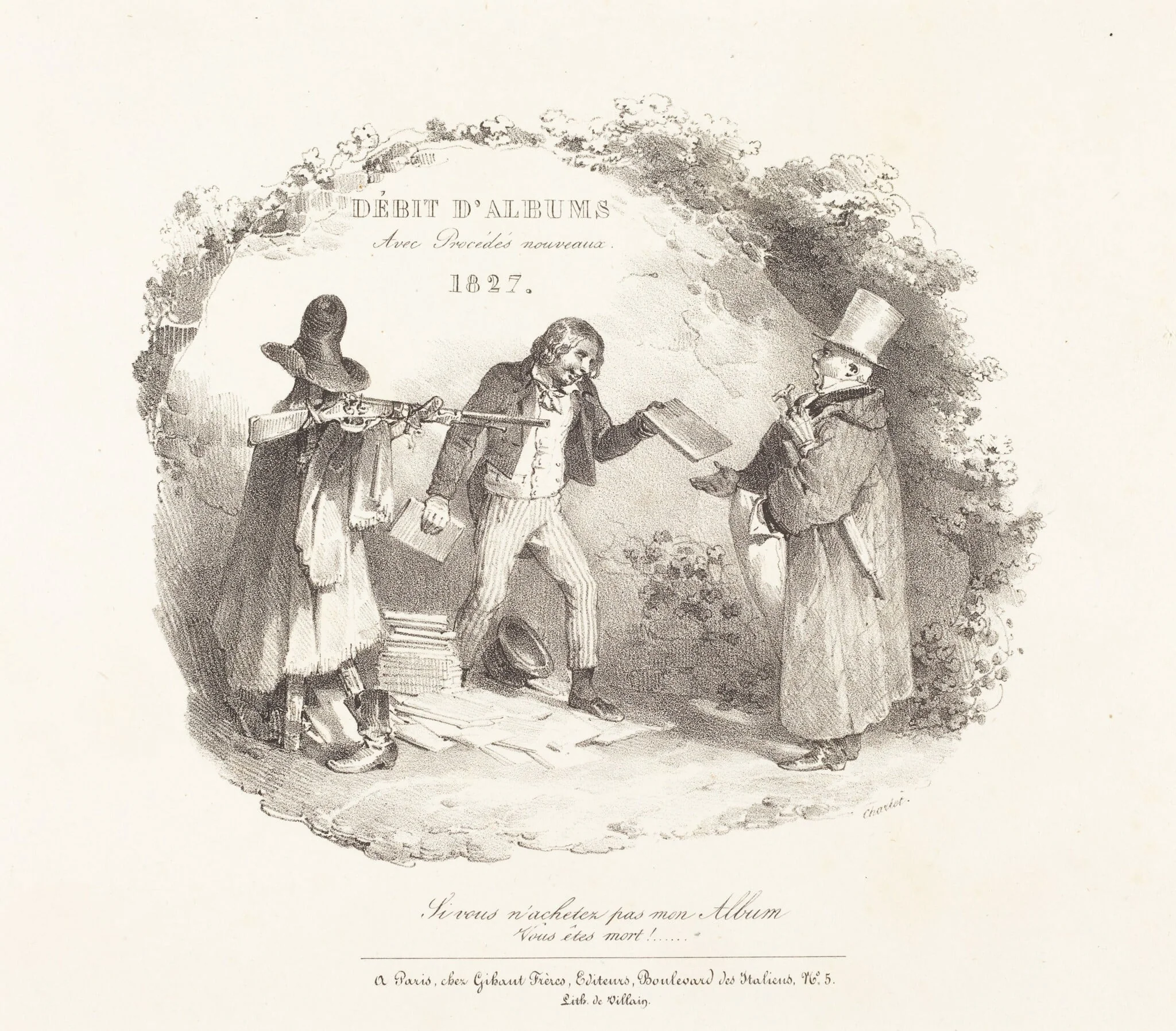 Débit d'Albums avec Procédés nouveaux (New Methods for the Sale of Lithograph Albums), by Nicolas Toussaint Charlet, ink, 1827