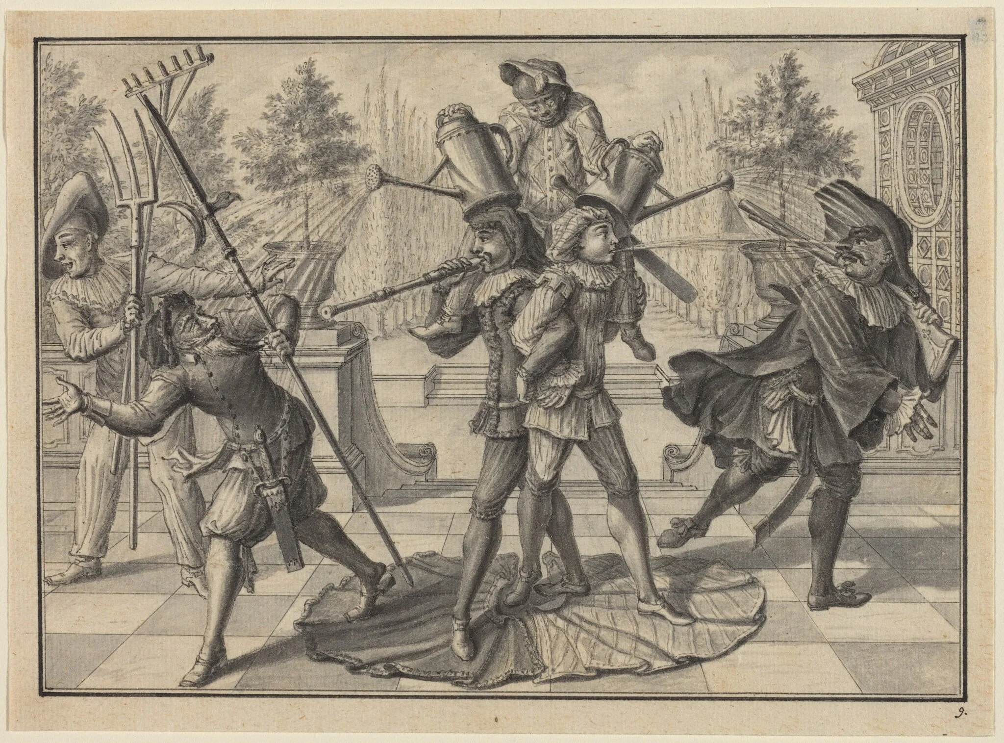 Harlequin and Scaramouche Create a "Fountain", by Johann Jacob Schübler, ink, 1729