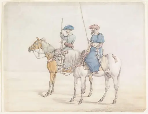 Two armed figures on horseback, probably Mamluks