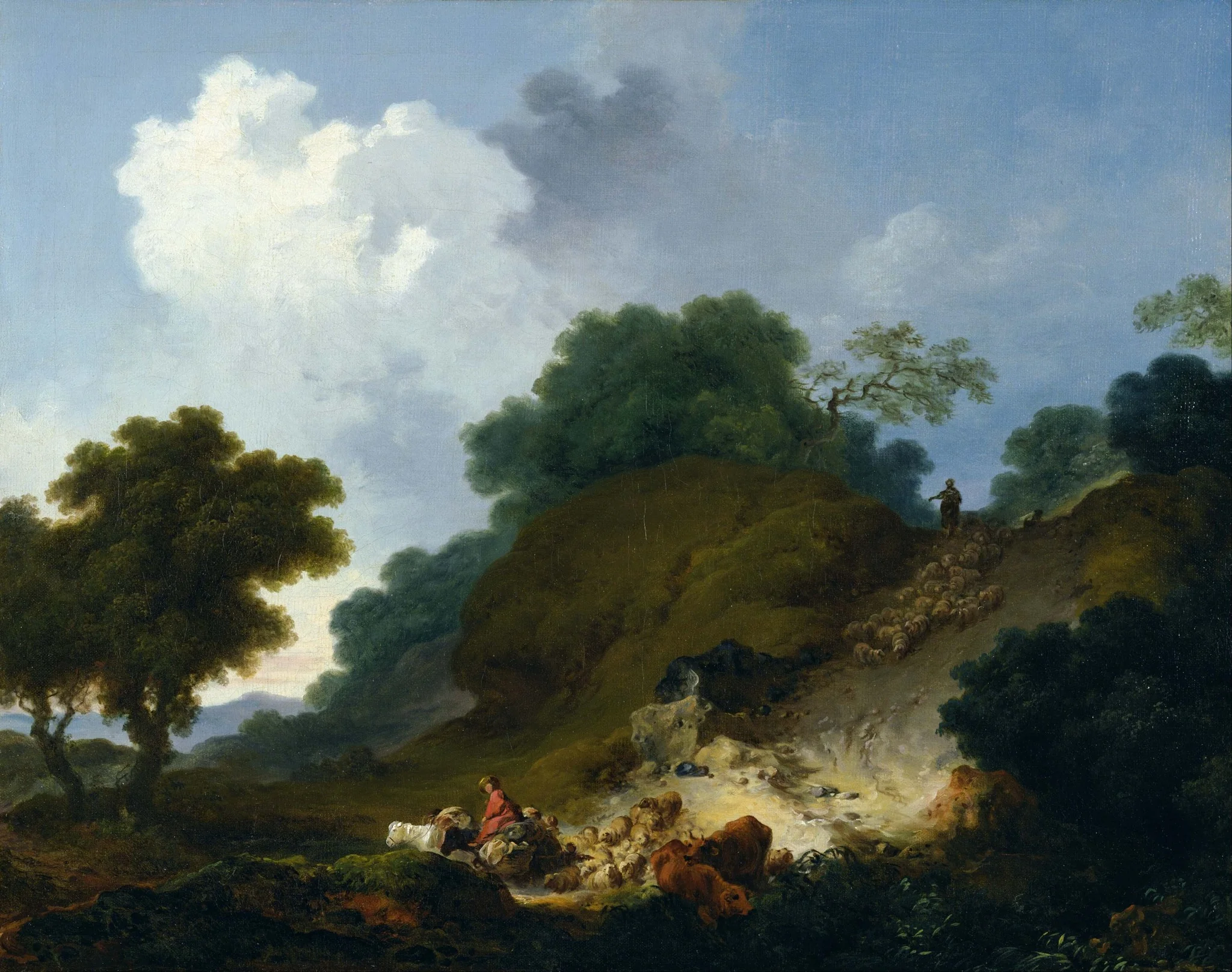 Landscape with Shepherds and Flock of Sheep, by Jean Honoré Fragonard, oil, 1763