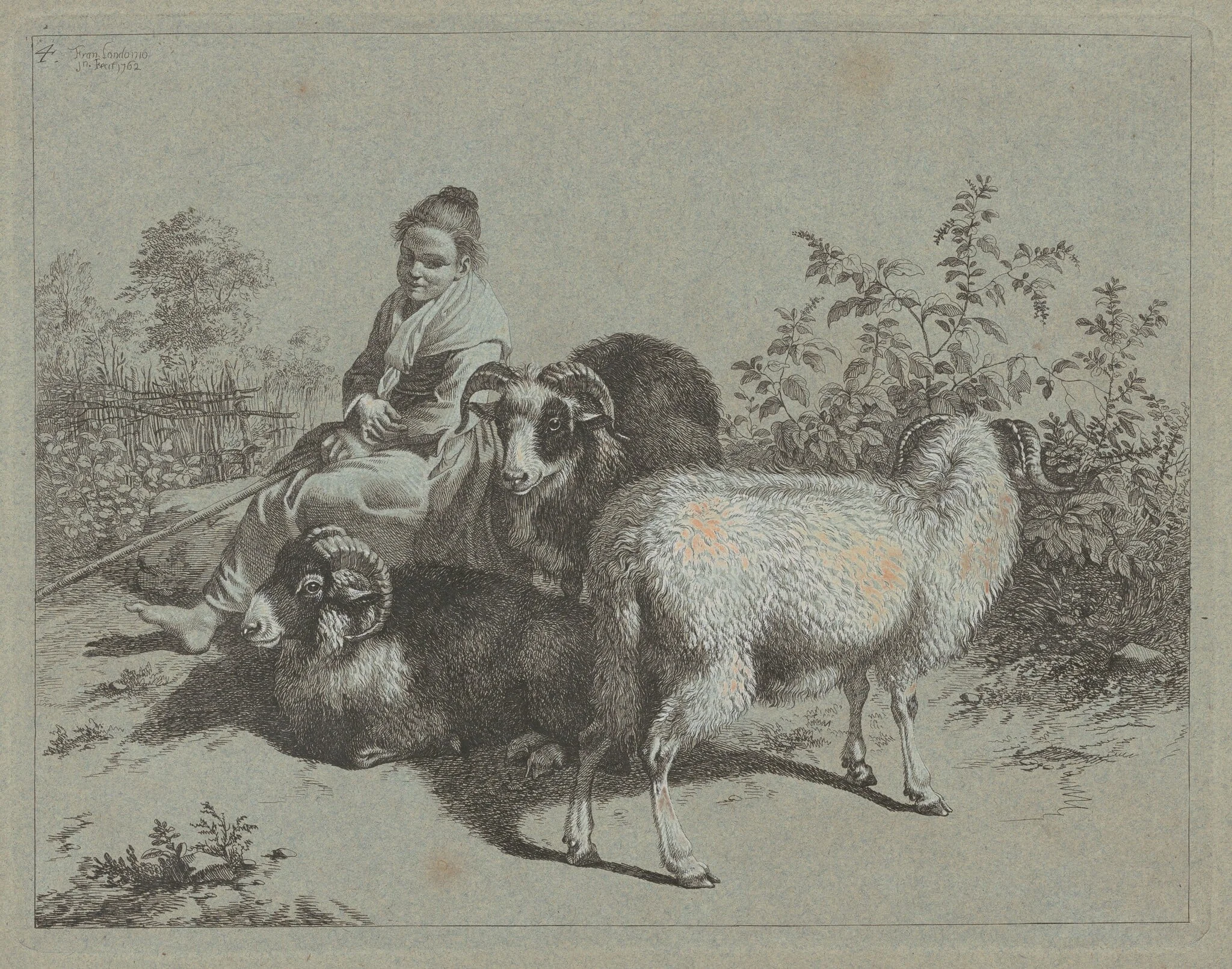 Seated Shepherdess with Three Rams, by Francesco Londonio, ink, 1762
