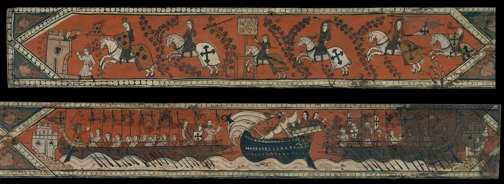 Coffered ceiling panel with knights, galleys and a boat with a high gunwale