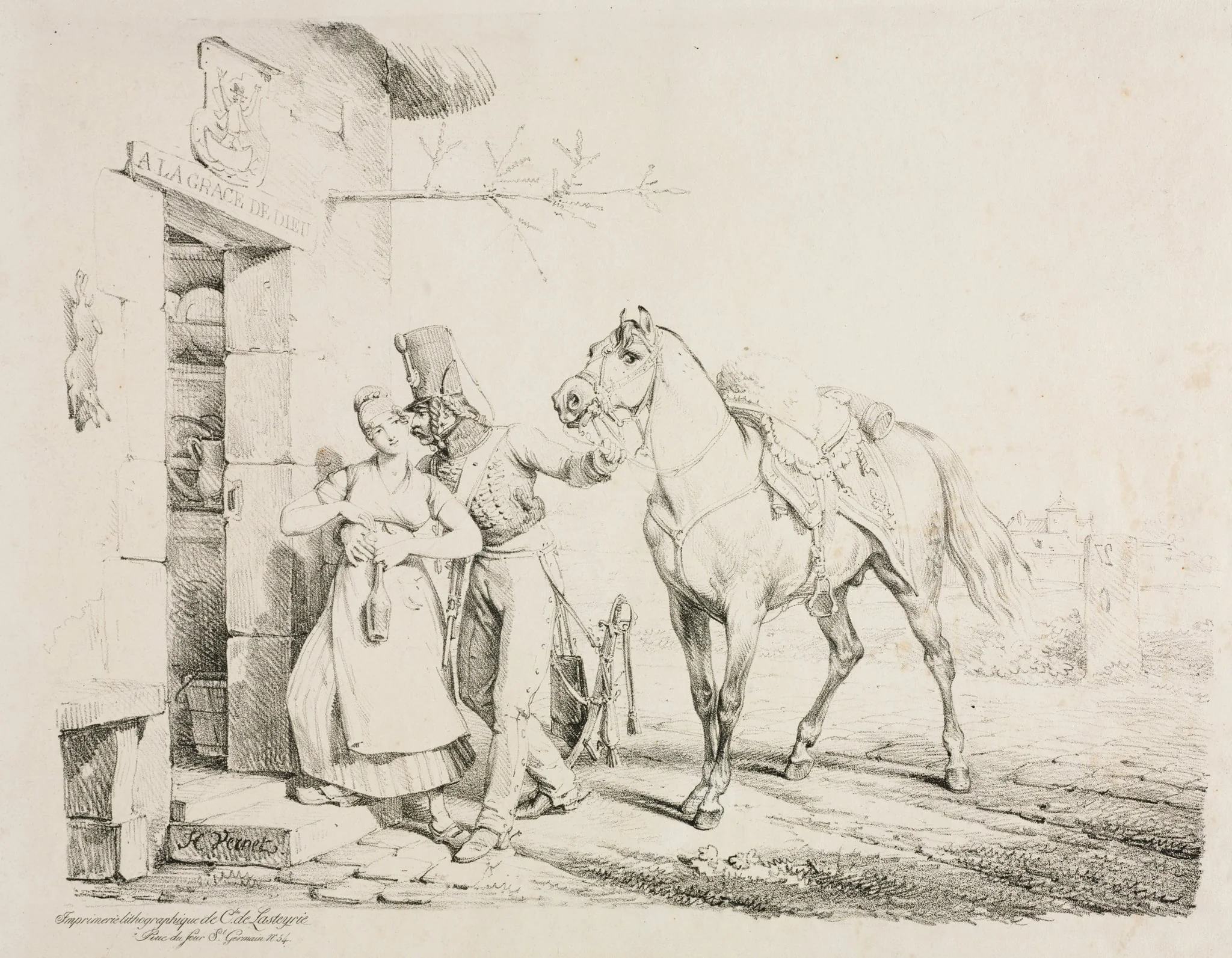 Hussar at the Door of a Cabaret, or Hussar Embracing a Servant, by Horace Vernet, 1817