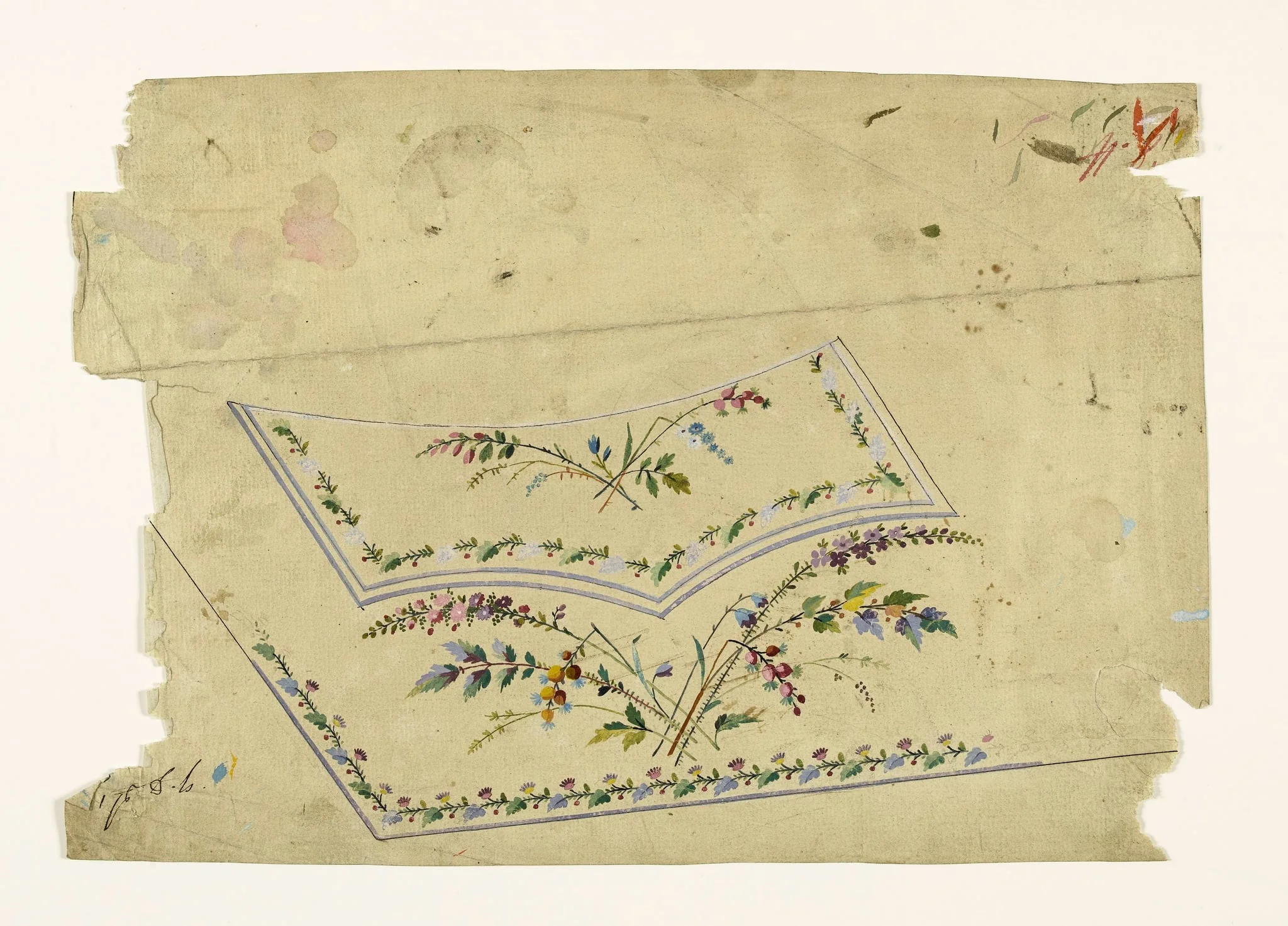 Composition avec brins de fleurs champêtres et guirlandes de feuilles et de fleurs, projets de broderies de gilet, XVIIIème siècle