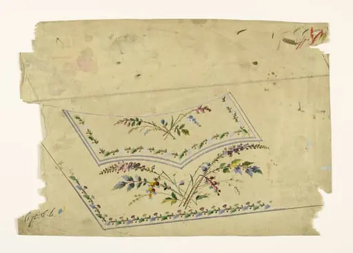 Composition avec brins de fleurs champêtres et guirlandes de feuilles et de fleurs, projets de broderies de gilet, XVIIIème siècle