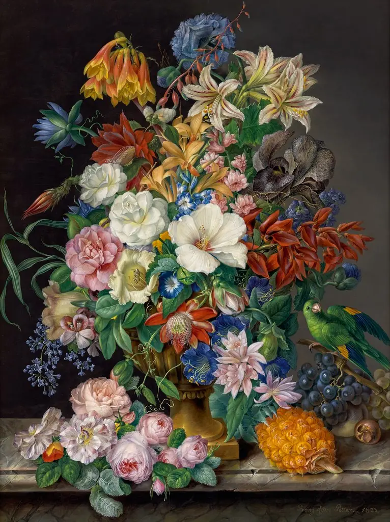 Floral Piece with Pineapple, Grapes and Parrot