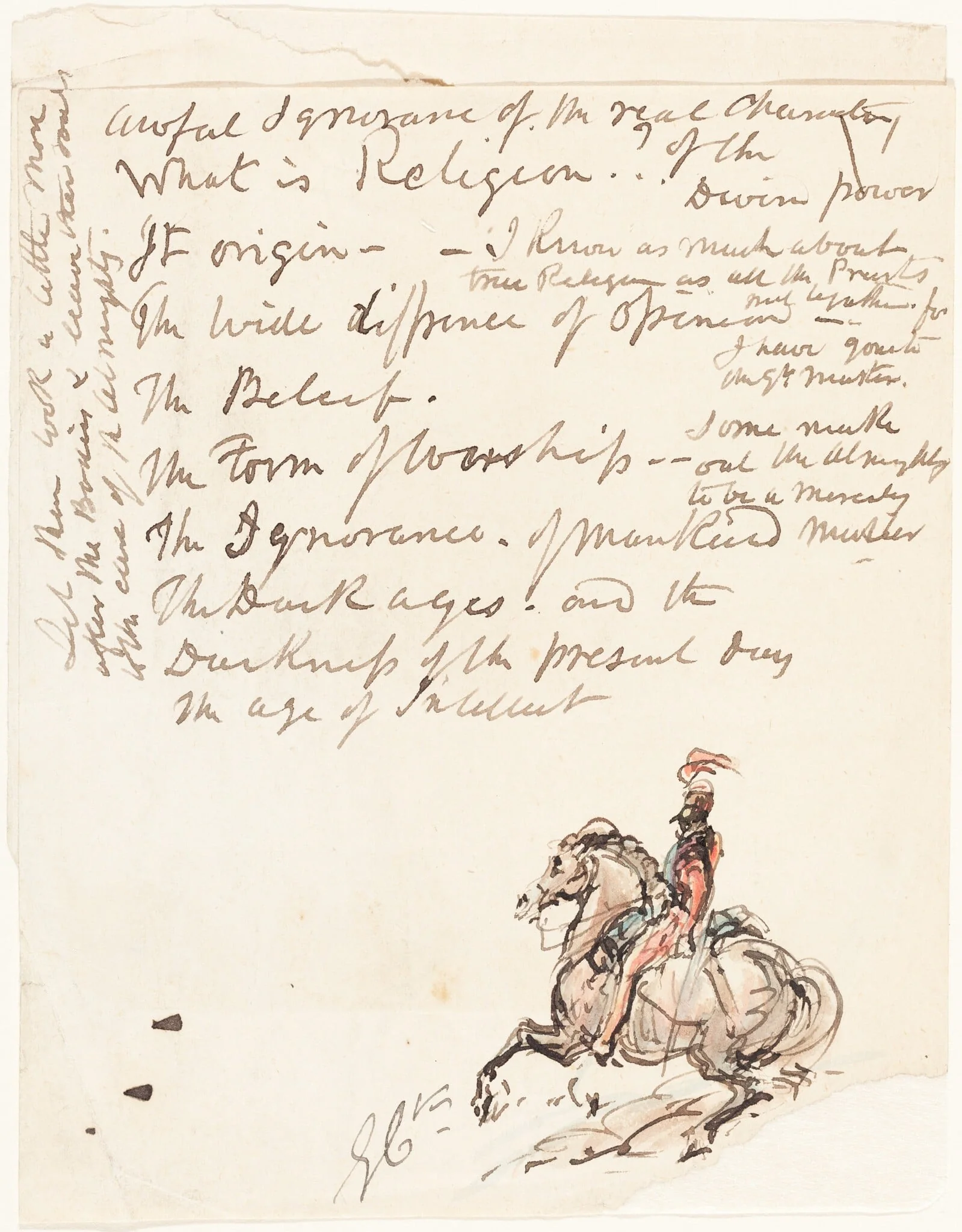 Sketch of Mounted Hussar, by George Cruikshank, ink, 1835