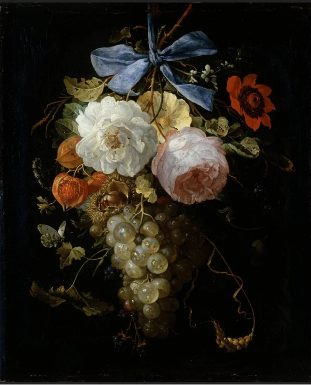 Fruits and flowers on a blue ribbon, by Abraham Mignon, oil, 1672