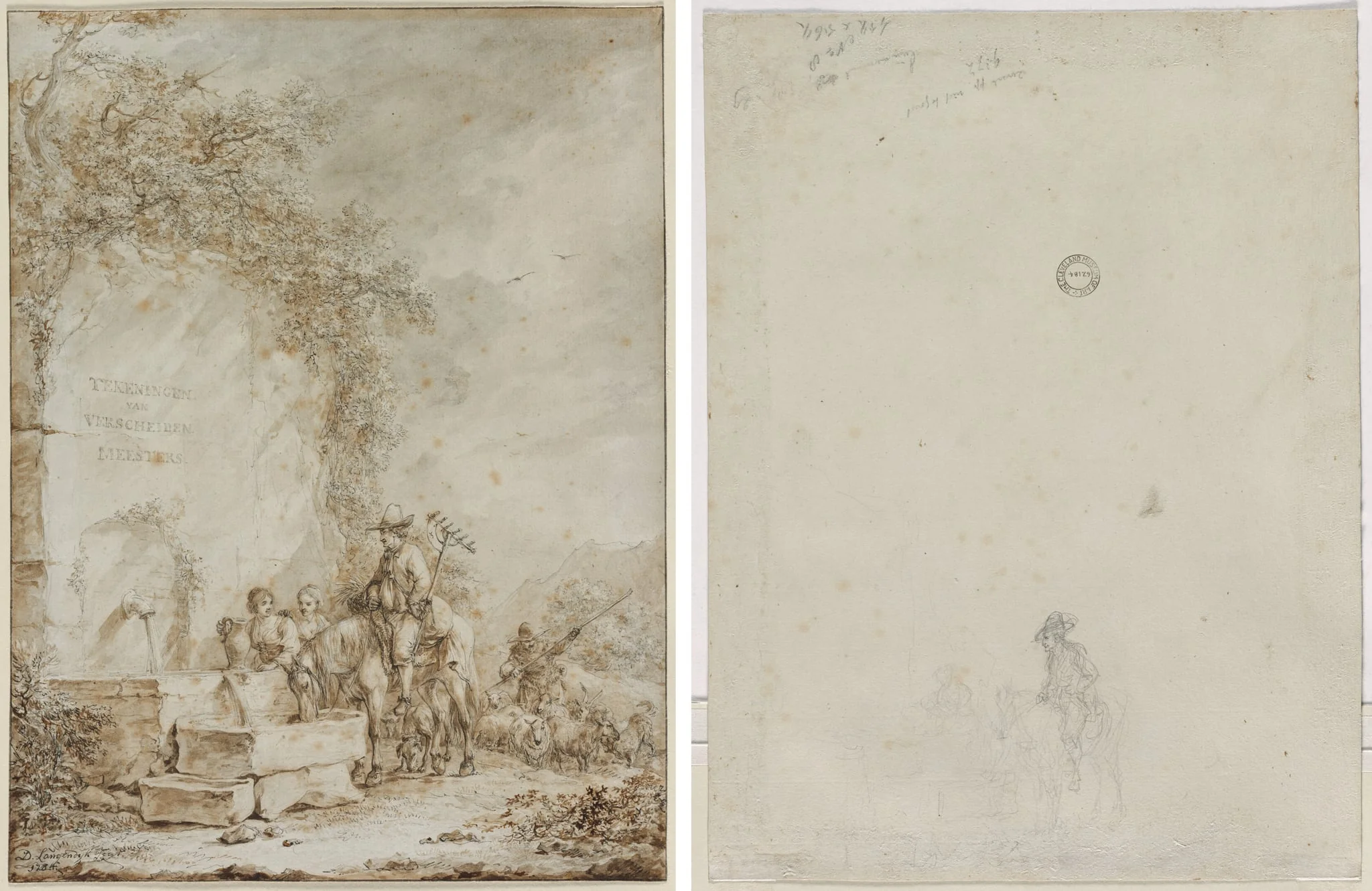 Frontispiece for an Album of Drawings: Peasants at a Fountain (recto); Sketch of Peasants at a Fountain (verso), by Dirk Langendijk, 1784