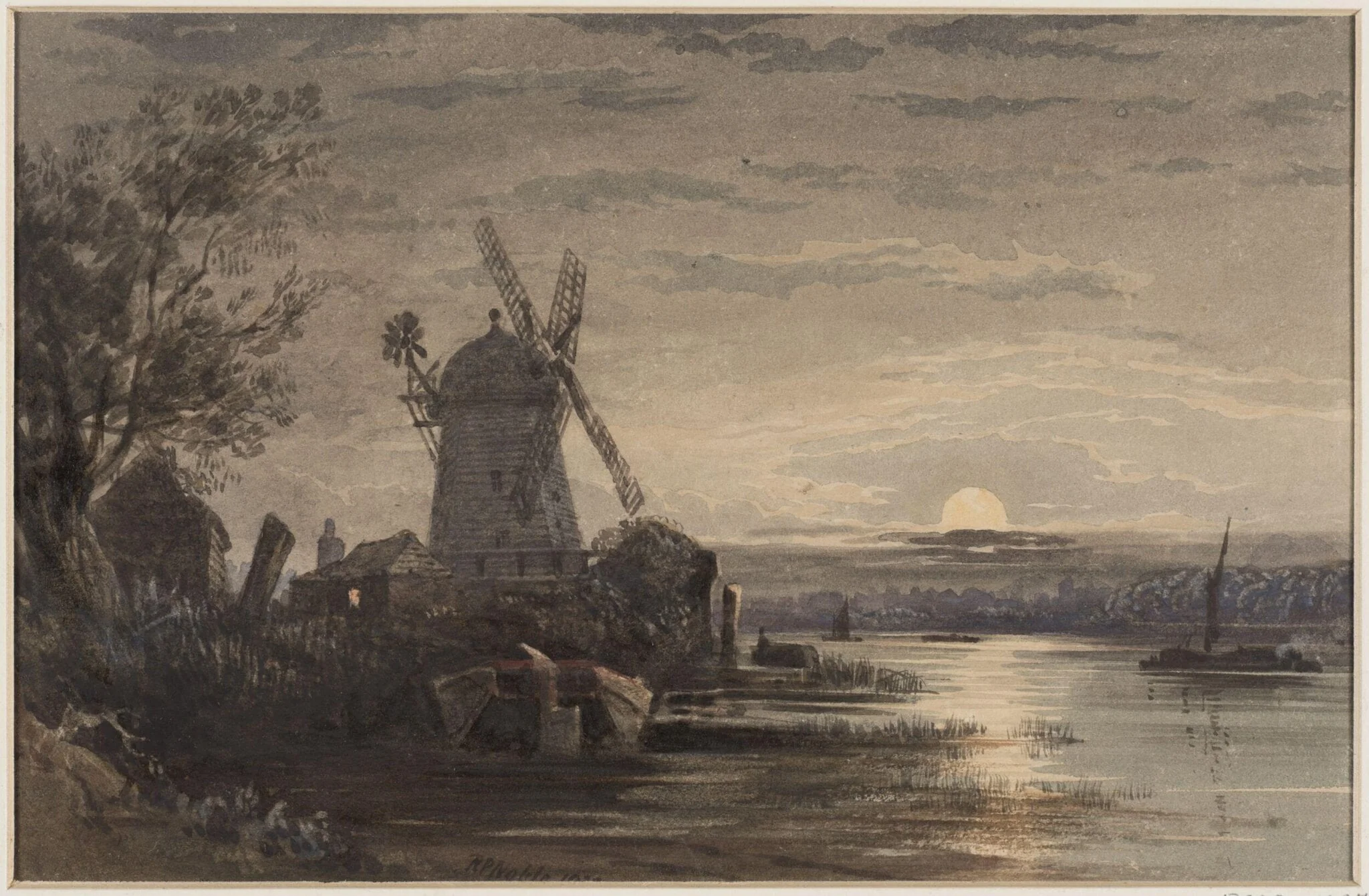 Moonlight scene with a windmill by a river
