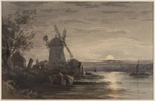 Moonlight scene with a windmill by a river