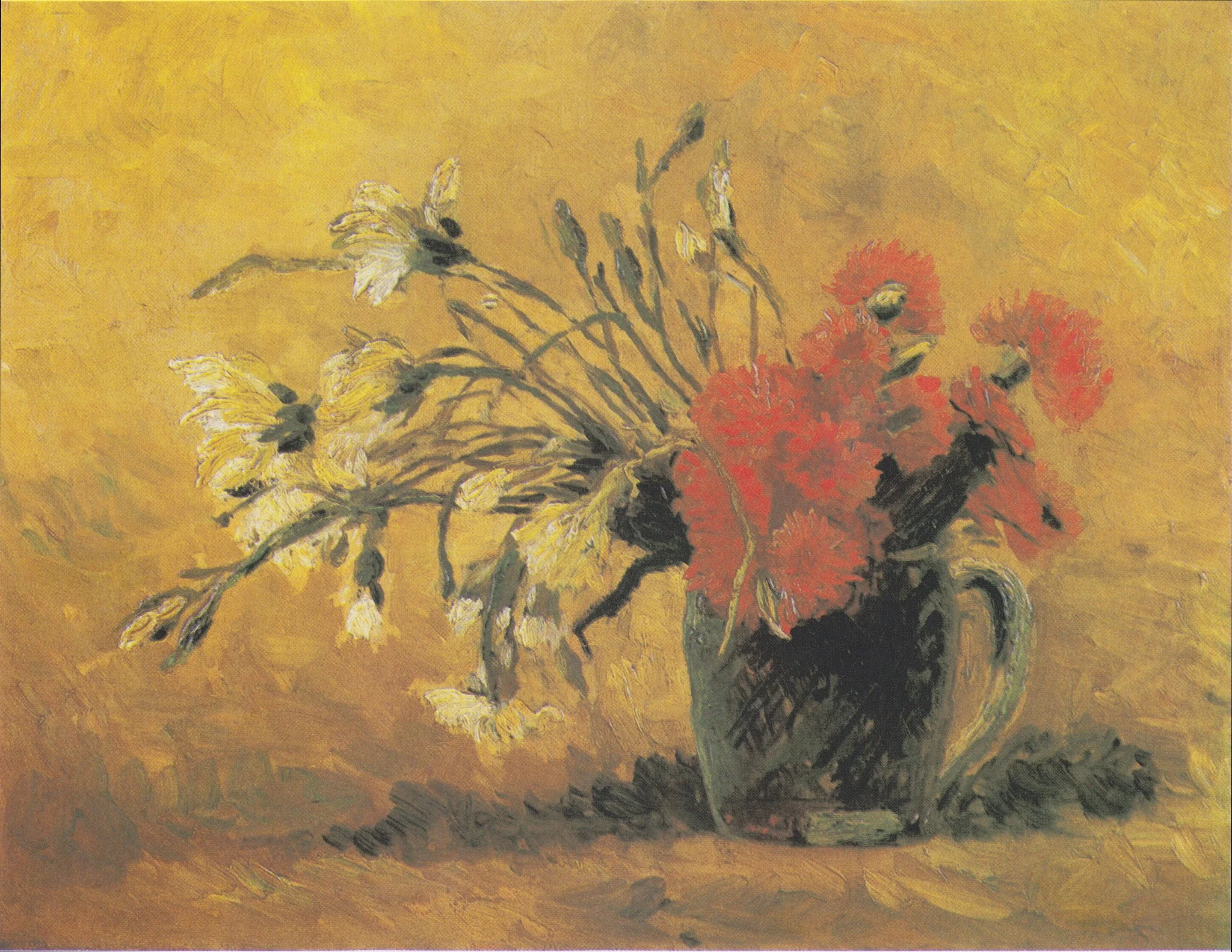 Vase with red and white carnation on a yellow background, by Vincent van Gogh, oil, 1894